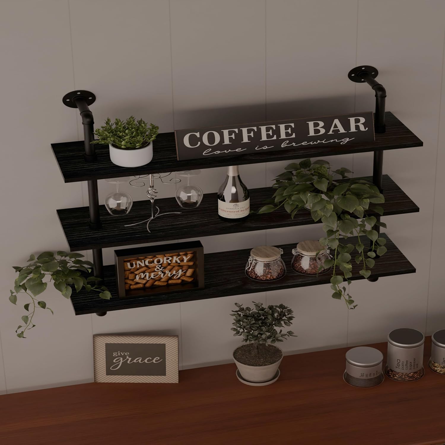 HDDFER Industrial Pipe Shelf Shelving Bookcase, Wall Mounted Rustic Bookshelf, Floating Bookshelves for Wall,Retro Wood Metal Pipe Industrial Shelves for Living Room