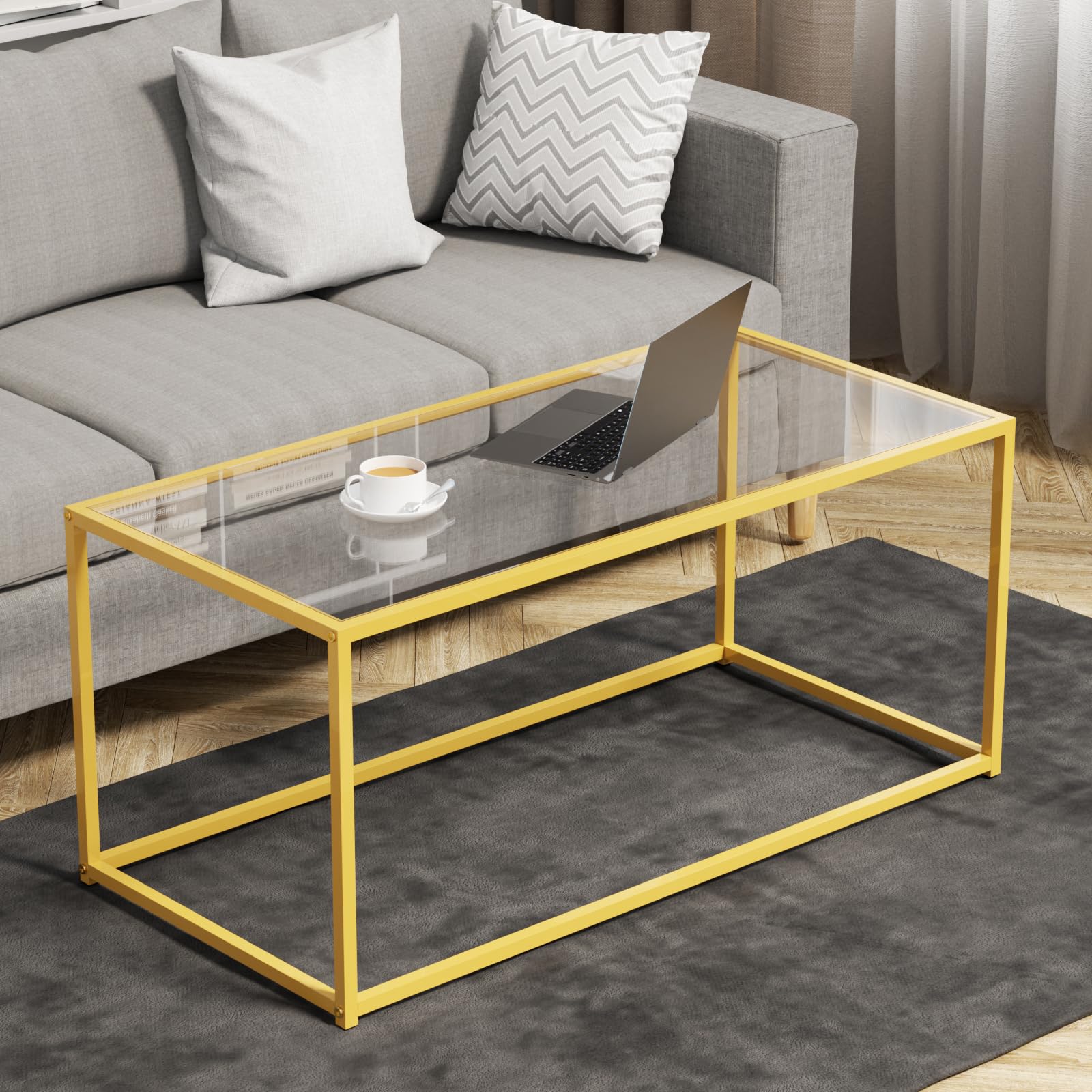 Glass Coffee Table,Round Gold Coffee Table for Small Space,27" Modern Center Table,Glass Top Clear Coffee Table with Sturdy Metal Frame for for Living Room Home Office, Easy Assembly