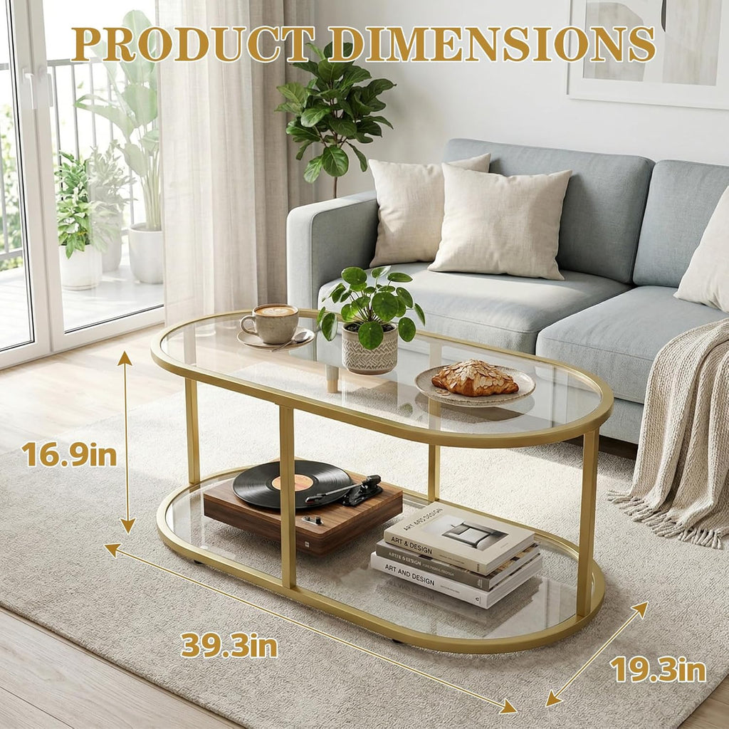 Wolawu Coffee Table Gold Glass Coffee Table for Living Room,2 Tiers Oval Center Table with Sturdy Metal Frame,Modern Tempered Glass Accent Table for Bedroom Home Office