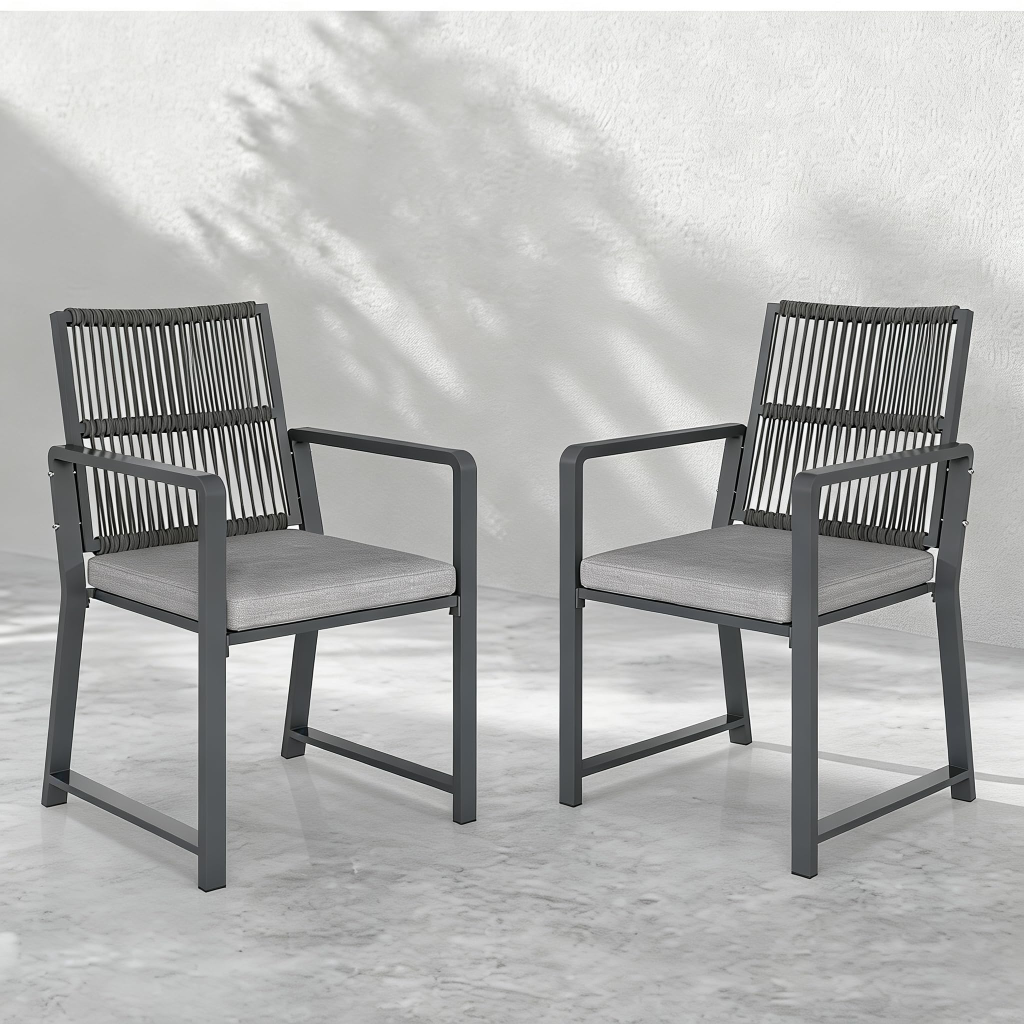 Outdoor Patio Dining Chair, All-Weather Woven Rope Outdoor Chairs Set of 2, Sturdy Iron Frame, 400 lbs, Ergonomic Backrest, Removable Breathable Cushion, for Patio & Garden, Light Brown