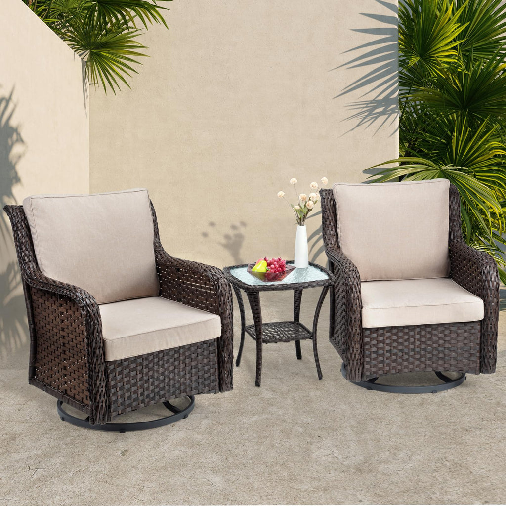 Towallmark Outdoor Swivel Wicker Glider Patio Chairs with Table Set, 3 Pieces Outdoor Bistro Set with 4”Thick Cushions and Coffee Table for Porch, Balcony, Deck (Blue)