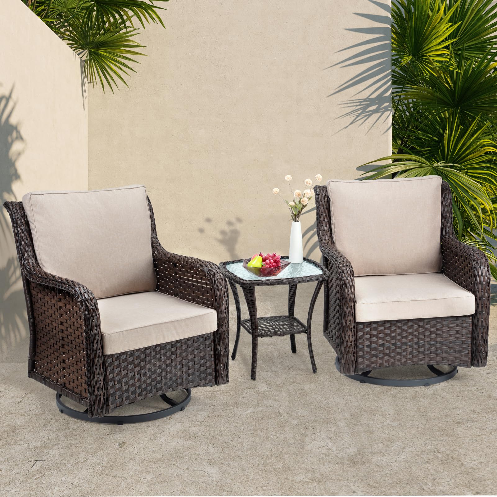 Towallmark Outdoor Swivel Wicker Glider Patio Chairs with Table Set, 3 Pieces Outdoor Bistro Set with 4”Thick Cushions and Coffee Table for Porch, Balcony, Deck (Blue)