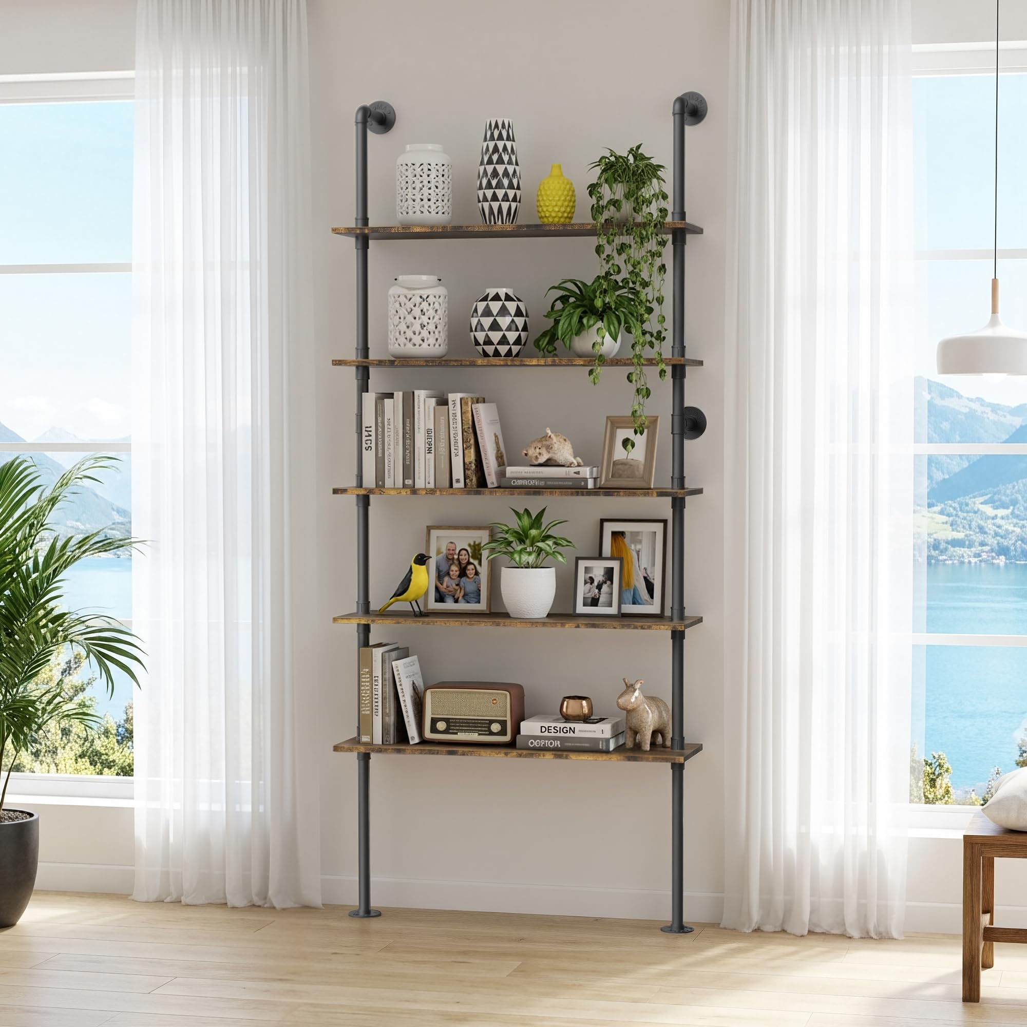 Merapi 24" Industrial Floating Shelves, Pipe Shelves for Wall, 2 Tier Rustic Wood Wall Shelves for Home Décor, Bedroom, Living Room, Bathroom