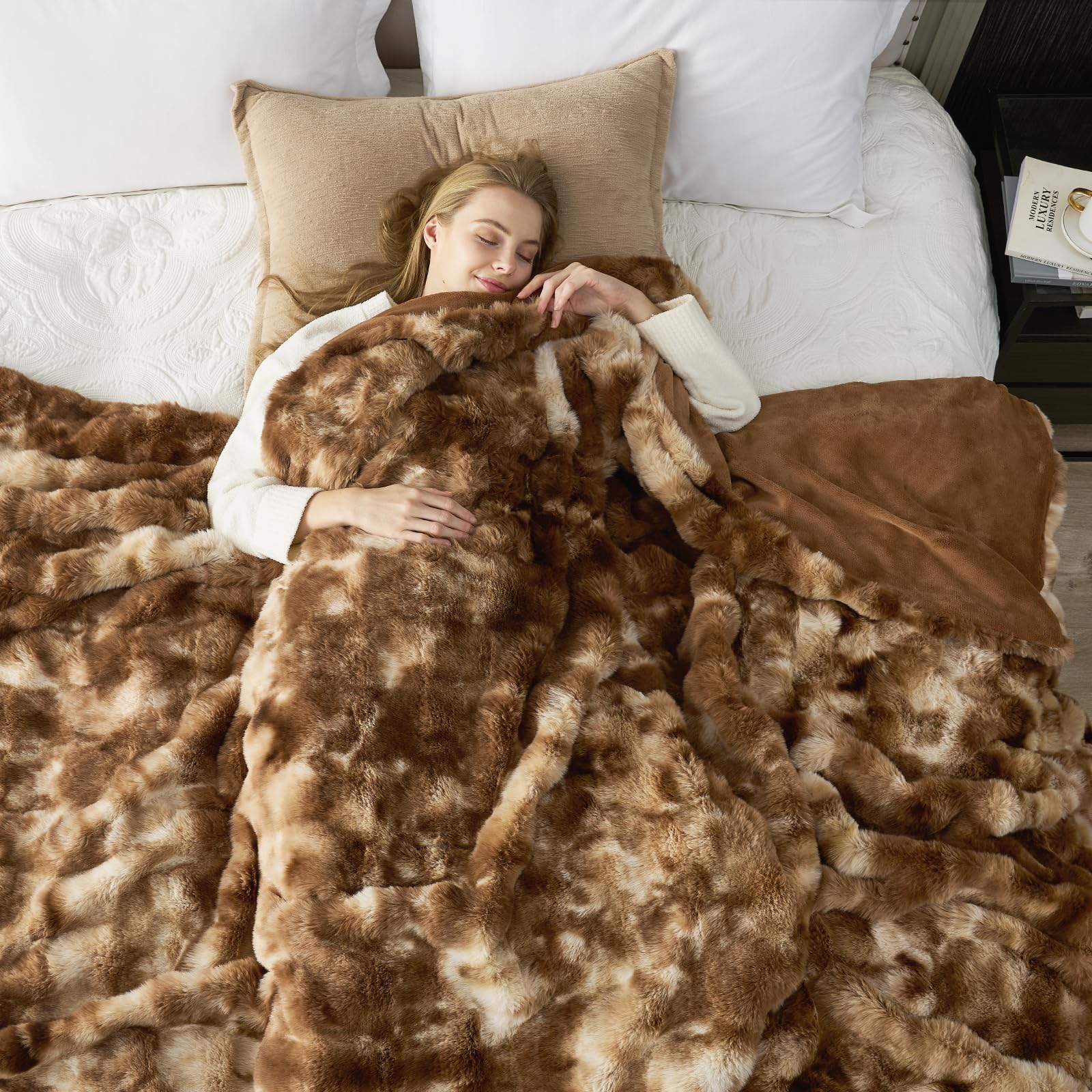 Cozy Bliss Faux Fur Throw Blanket for Couch, Fuzzy Soft Plush Thick Bubble Blanket for Sofa Bedroom Living Room, 50 * 60 Inches Tie-dye Taupe
