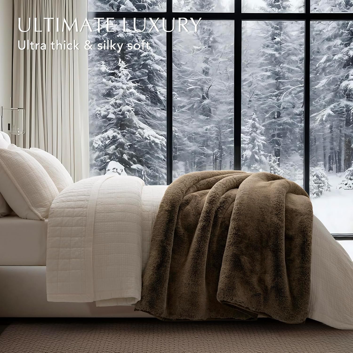EVERGRACEHOME Luxury Soft Faux Chinchilla Fur Throw Blanket for Couch, Warm Thick Heavy Winter Throw Blanket 1220GSM for Bed, Fluffy Cozy Mink Blanket with Reversible Velvet, Brown Sable, 50"x60"