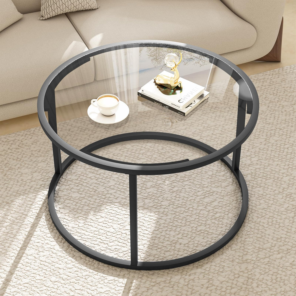 Glass Coffee Table,Round Gold Coffee Table for Small Space,27" Modern Center Table,Glass Top Clear Coffee Table with Sturdy Metal Frame for for Living Room Home Office, Easy Assembly