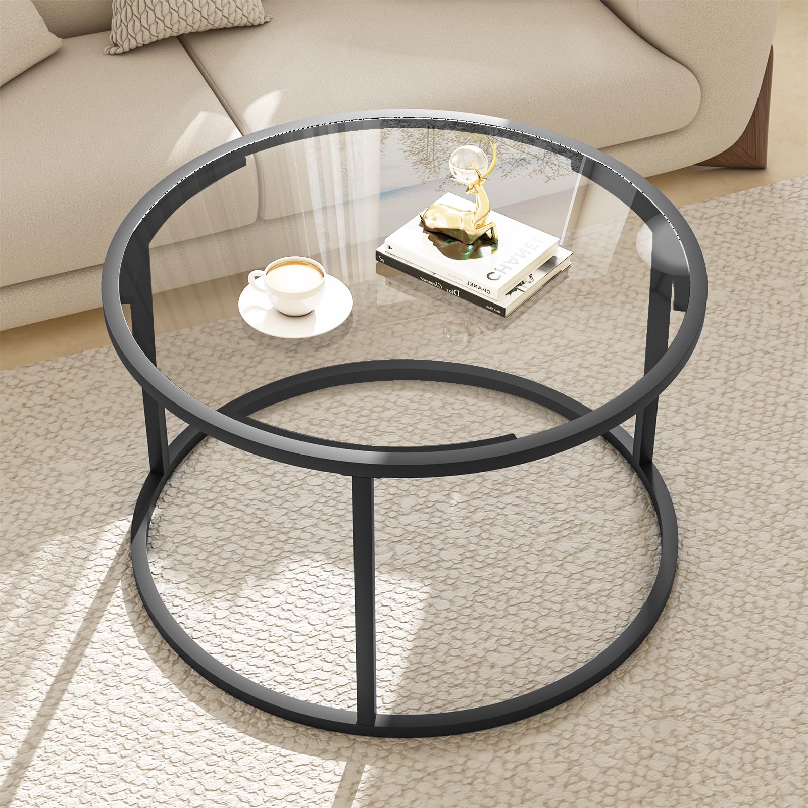 Glass Coffee Table,Round Gold Coffee Table for Small Space,27" Modern Center Table,Glass Top Clear Coffee Table with Sturdy Metal Frame for for Living Room Home Office, Easy Assembly