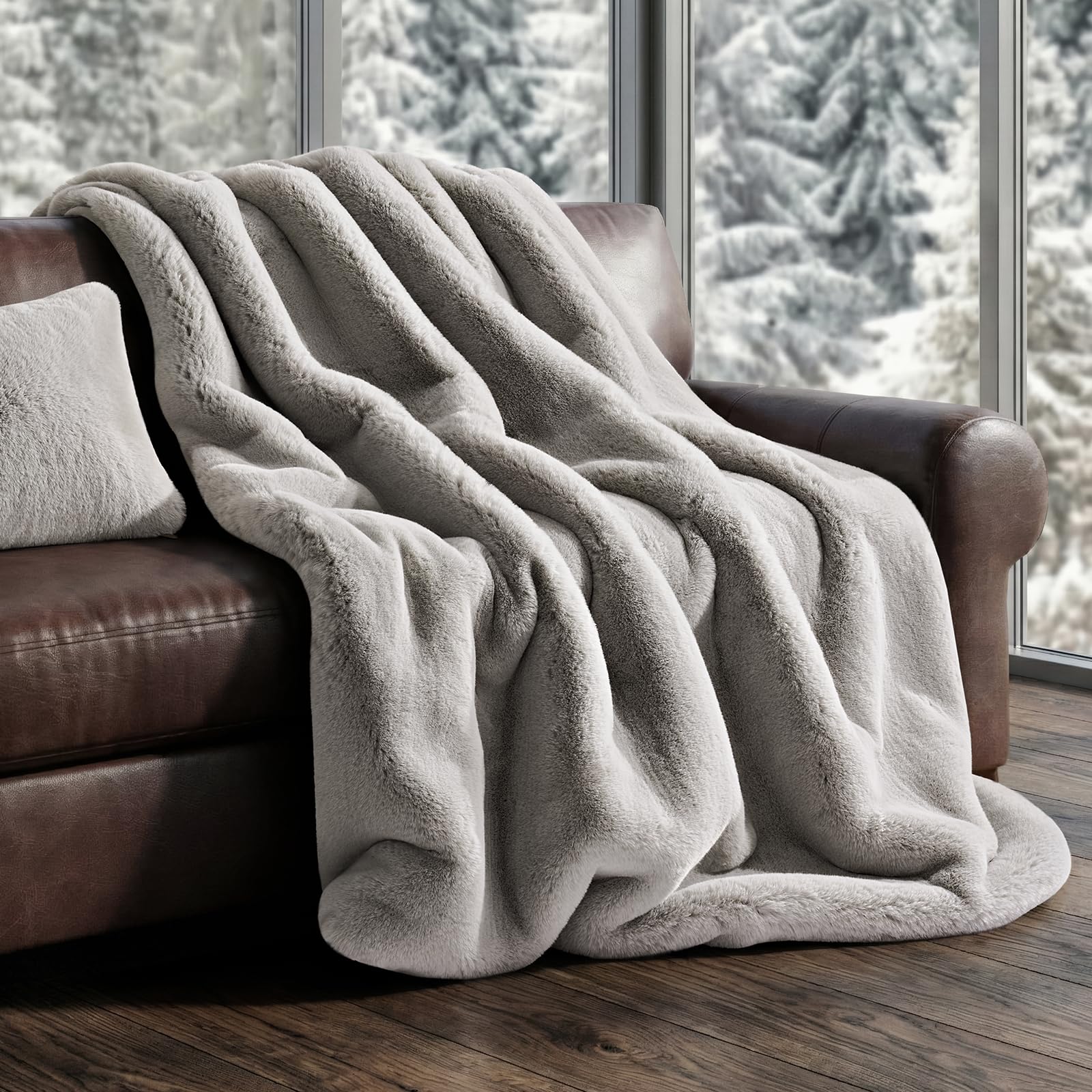 EVERGRACEHOME Luxury Soft Faux Chinchilla Fur Throw Blanket for Couch, Warm Thick Heavy Winter Throw Blanket 1220GSM for Bed, Fluffy Cozy Mink Blanket with Reversible Velvet, Brown Sable, 50"x60"