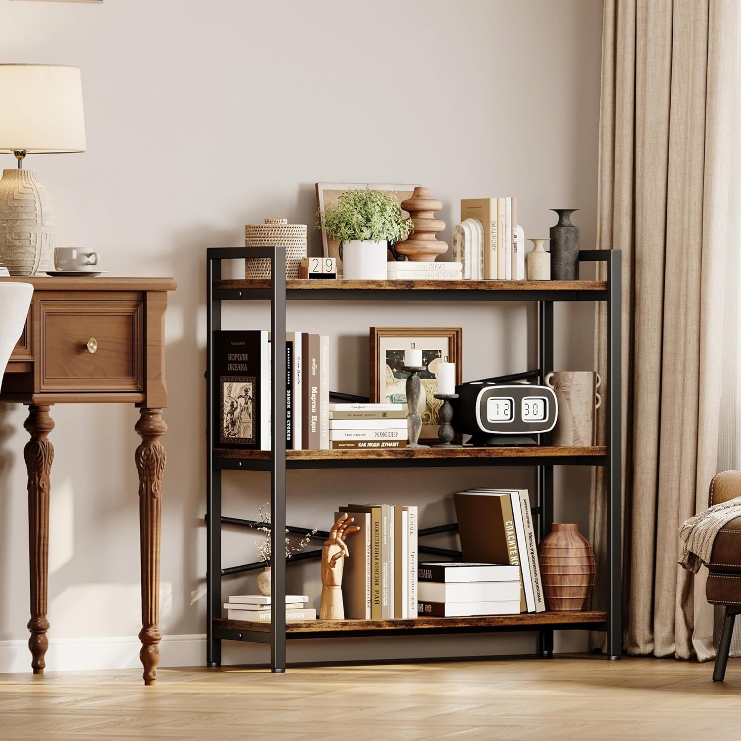 Book Shelf, 3 Tier Bookshelf 31.49" Width, Book Shelf Storage and Organization, Wooden and Metal Industrial Bookcase, Large Book Shelves for Home Living Room Bedroom Office Storage(Vintage)