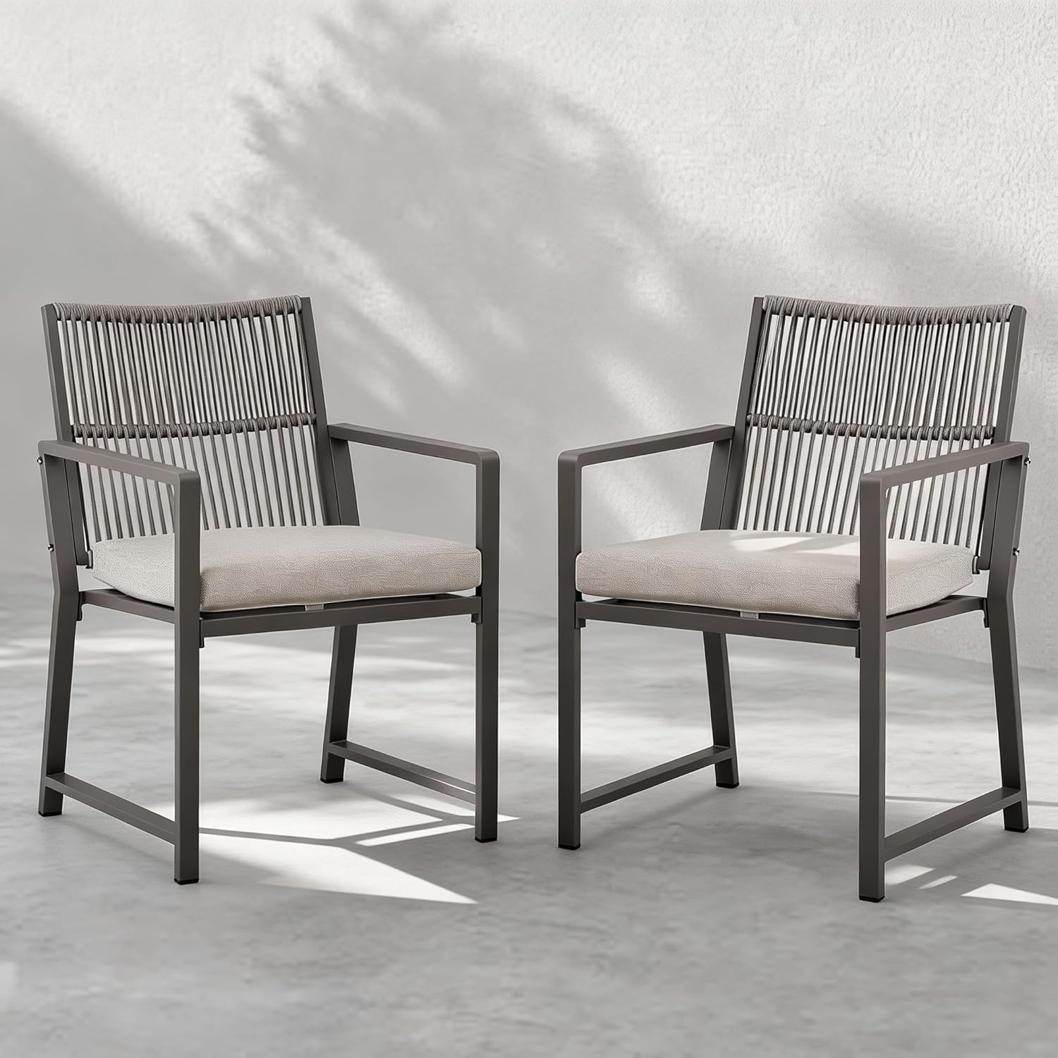 Outdoor Patio Dining Chair, All-Weather Woven Rope Outdoor Chairs Set of 2, Sturdy Iron Frame, 400 lbs, Ergonomic Backrest, Removable Breathable Cushion, for Patio & Garden, Light Brown