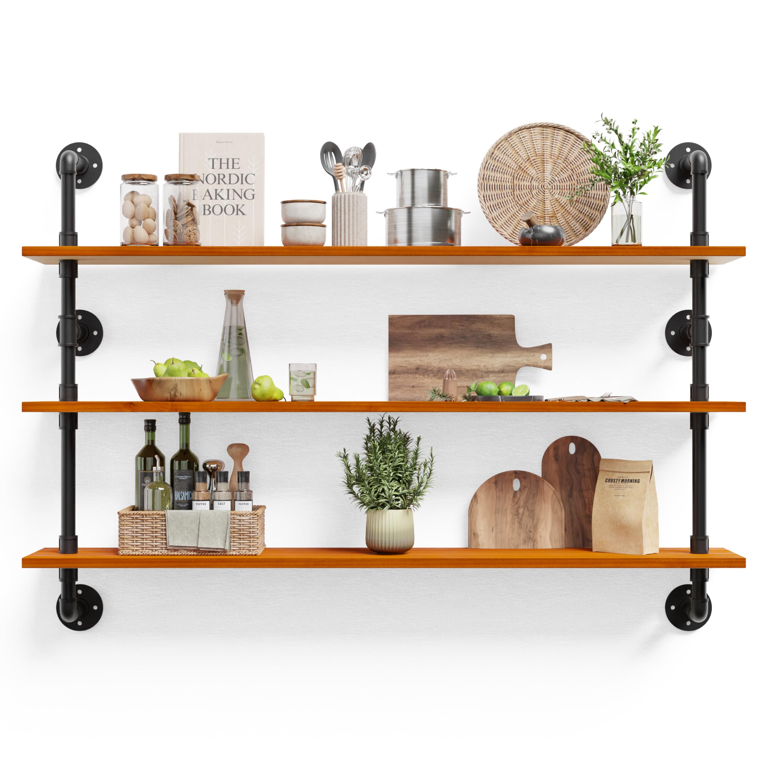 HDDFER Industrial Pipe Shelf Shelving Bookcase, Wall Mounted Rustic Bookshelf, Floating Bookshelves for Wall,Retro Wood Metal Pipe Industrial Shelves for Living Room