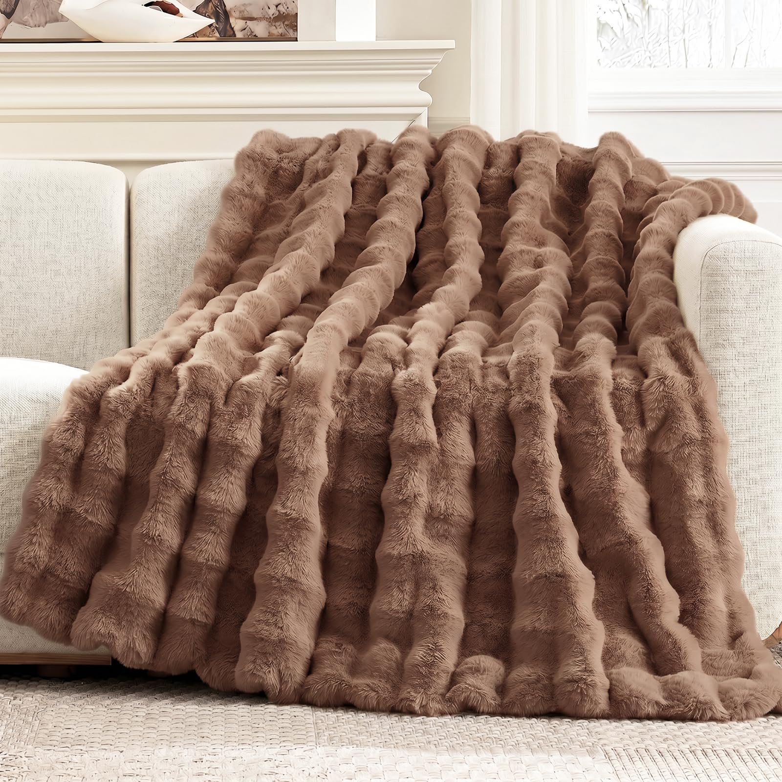 Cozy Bliss Faux Fur Throw Blanket for Couch, Fuzzy Soft Plush Thick Bubble Blanket for Sofa Bedroom Living Room, 50 * 60 Inches Tie-dye Taupe