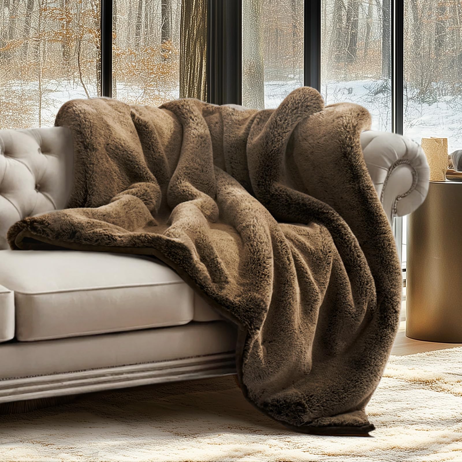EVERGRACEHOME Luxury Soft Faux Chinchilla Fur Throw Blanket for Couch, Warm Thick Heavy Winter Throw Blanket 1220GSM for Bed, Fluffy Cozy Mink Blanket with Reversible Velvet, Brown Sable, 50"x60"