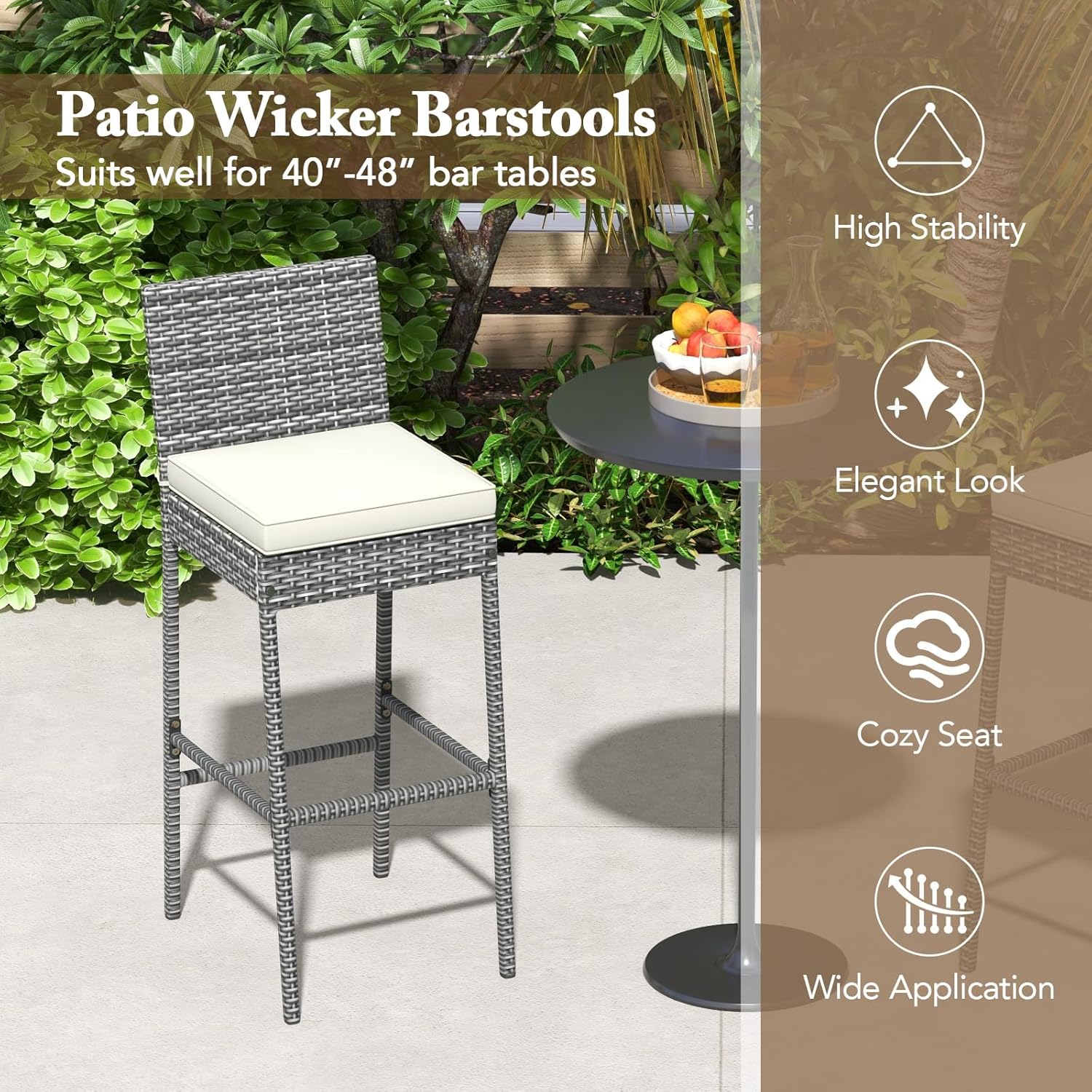 COSTWAY Outdoor Wicker Bar Stools Set of 2, 30'' Patio Bar Height Chairs with Cushion, Footrest and Backrest, Rattan Barstools for Backyard Poolside Deck (Grey)