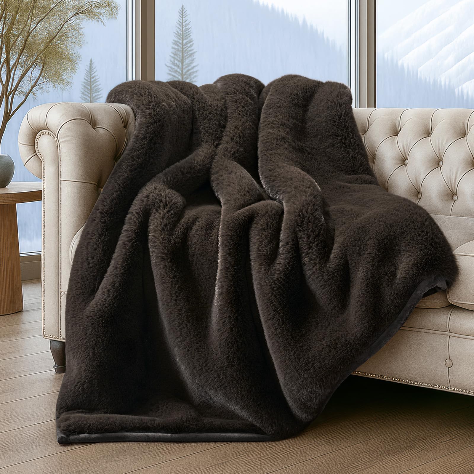 EVERGRACEHOME Luxury Soft Faux Chinchilla Fur Throw Blanket for Couch, Warm Thick Heavy Winter Throw Blanket 1220GSM for Bed, Fluffy Cozy Mink Blanket with Reversible Velvet, Brown Sable, 50"x60"