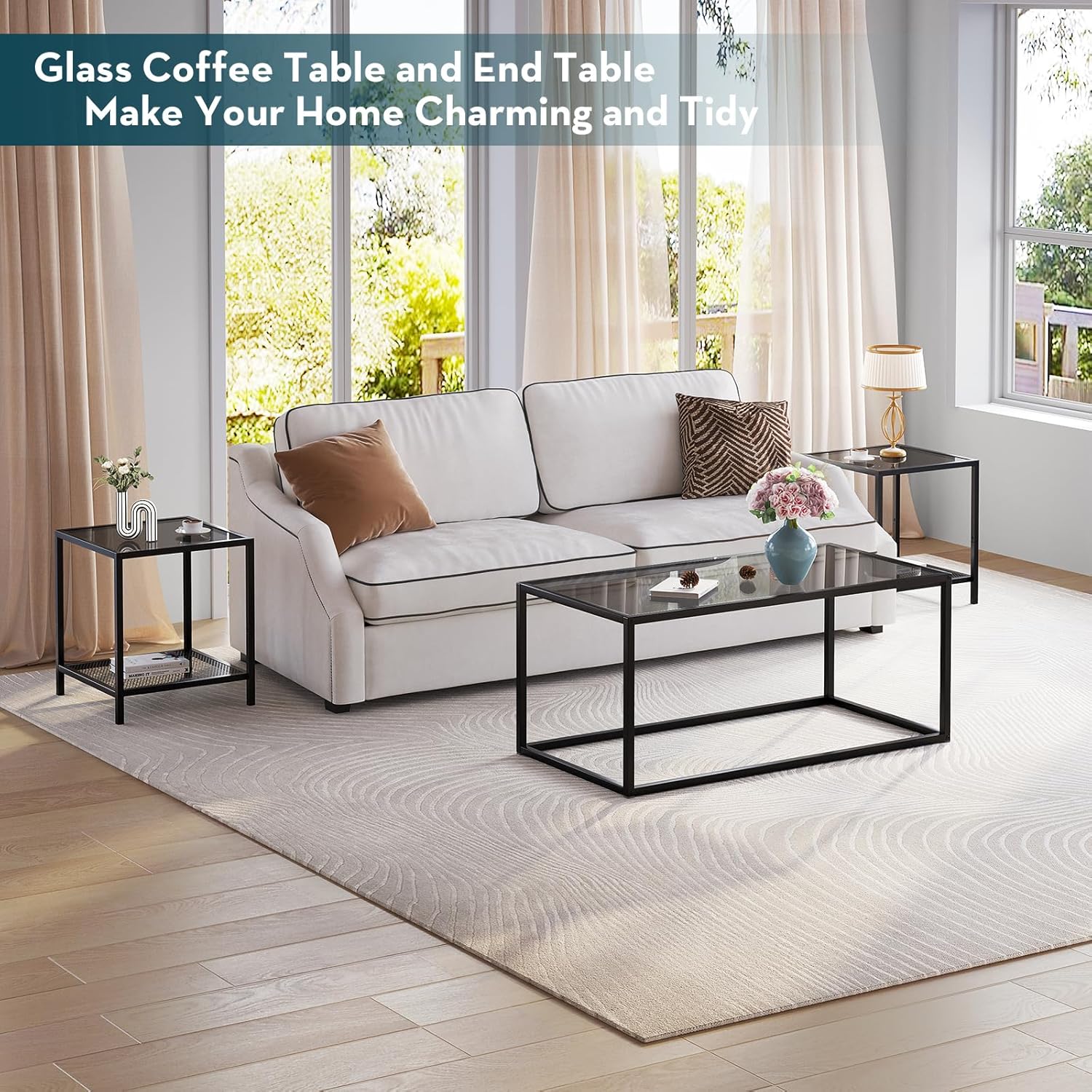 SAYGOER Glass Coffee Table Modern Coffee Tables Simple Rectangular Center Table with Open Space for Living Room Home Office,39.3 x 19.7 x 17.7Inches, Gray Black