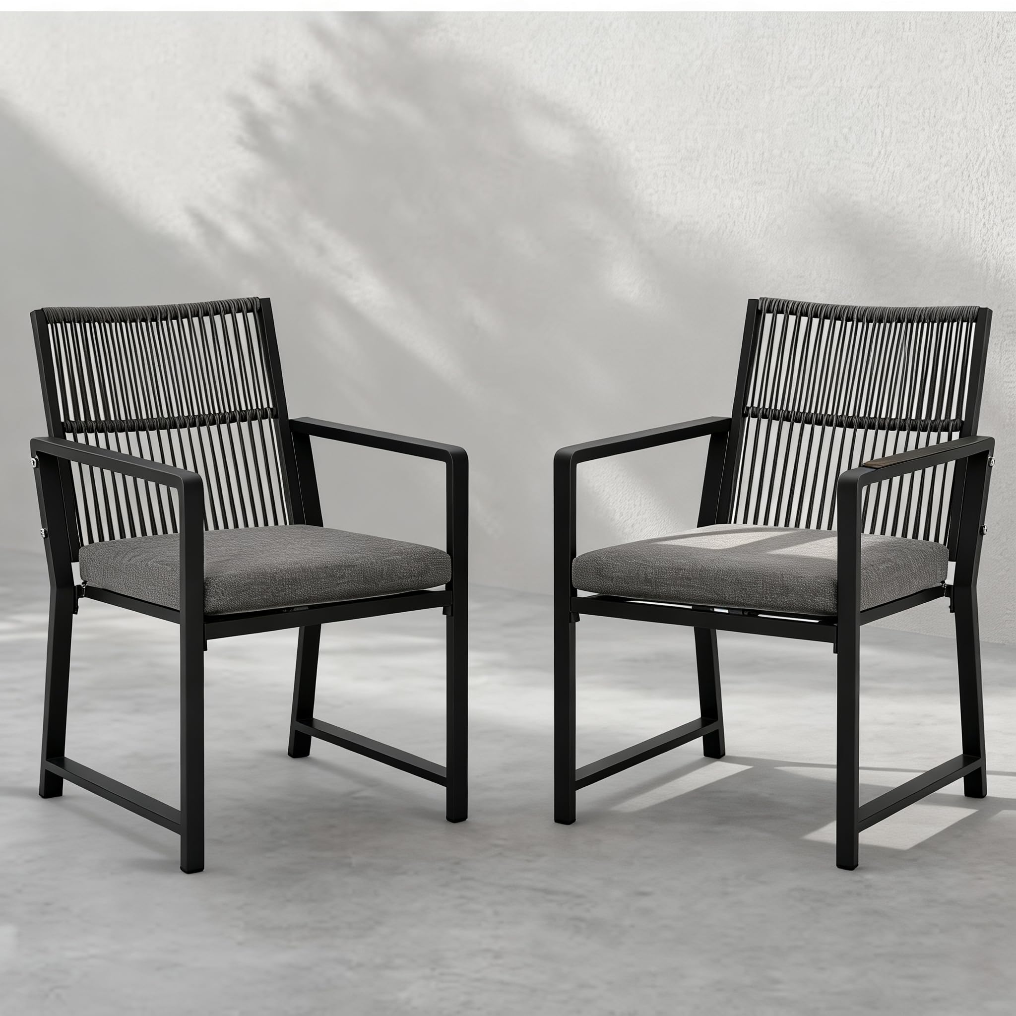 Outdoor Patio Dining Chair, All-Weather Woven Rope Outdoor Chairs Set of 2, Sturdy Iron Frame, 400 lbs, Ergonomic Backrest, Removable Breathable Cushion, for Patio & Garden, Light Brown
