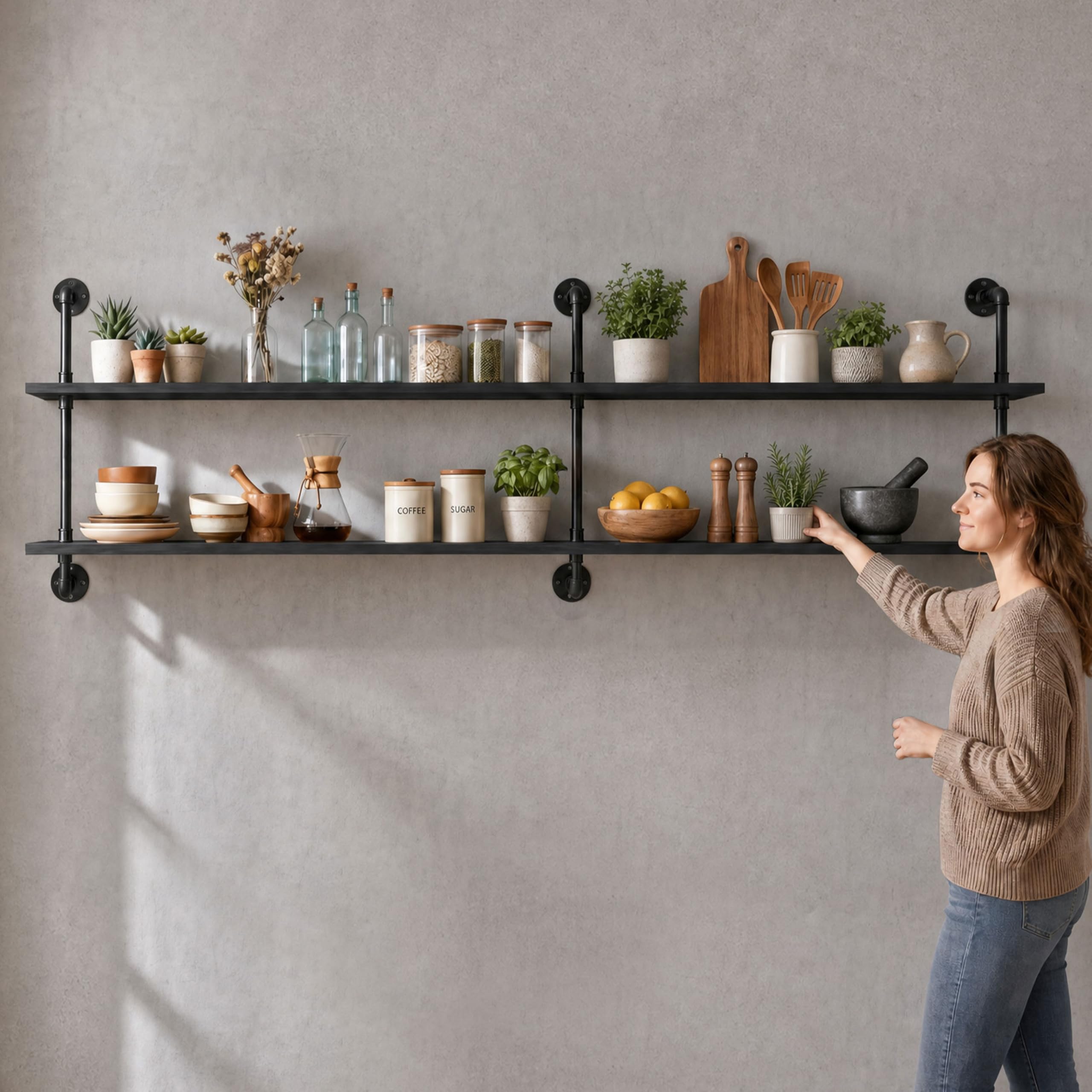 HDDFER Industrial Pipe Shelf Shelving Bookcase, Wall Mounted Rustic Bookshelf, Floating Bookshelves for Wall,Retro Wood Metal Pipe Industrial Shelves for Living Room