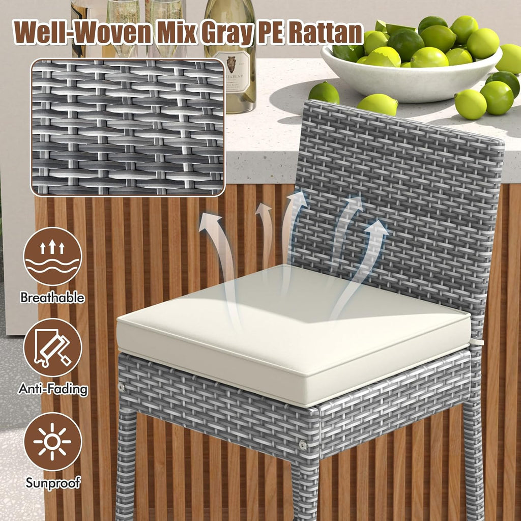 COSTWAY Outdoor Wicker Bar Stools Set of 2, 30'' Patio Bar Height Chairs with Cushion, Footrest and Backrest, Rattan Barstools for Backyard Poolside Deck (Grey)