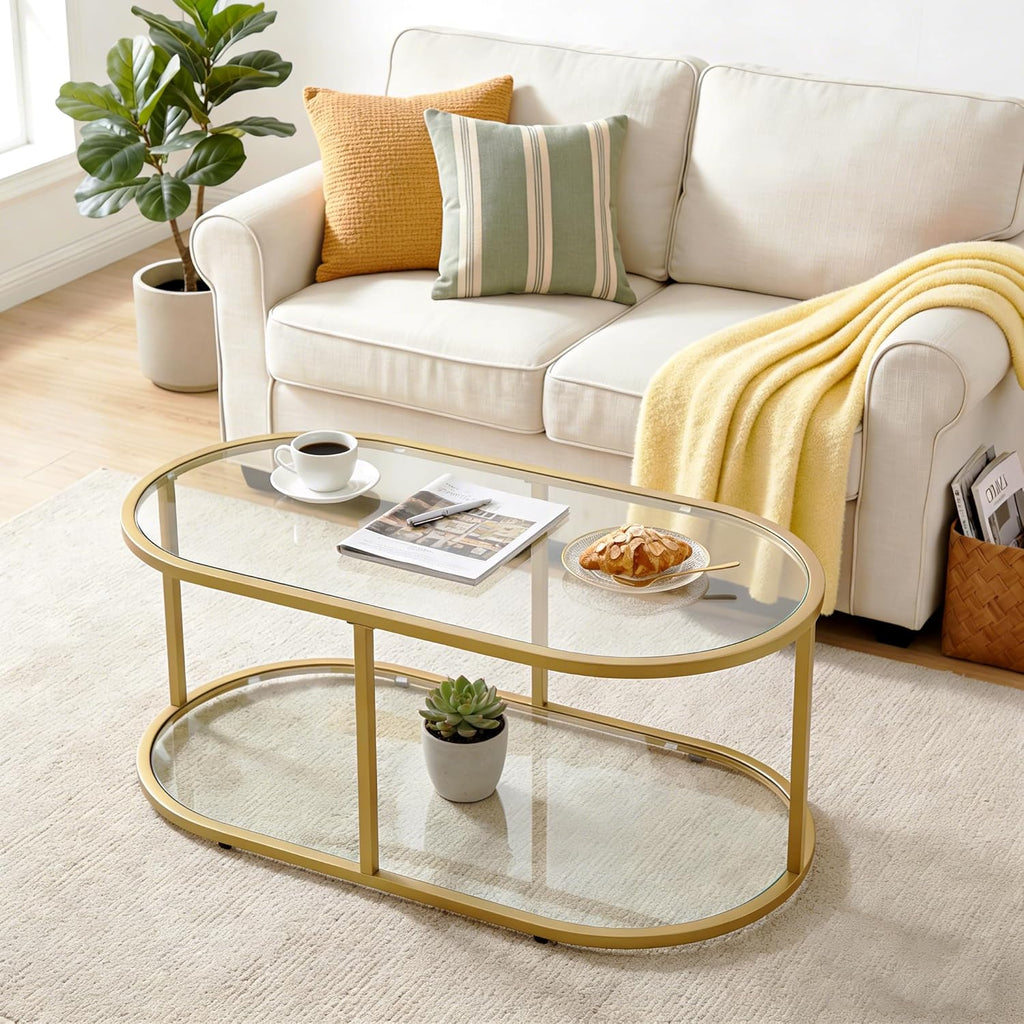 Wolawu Coffee Table Gold Glass Coffee Table for Living Room,2 Tiers Oval Center Table with Sturdy Metal Frame,Modern Tempered Glass Accent Table for Bedroom Home Office