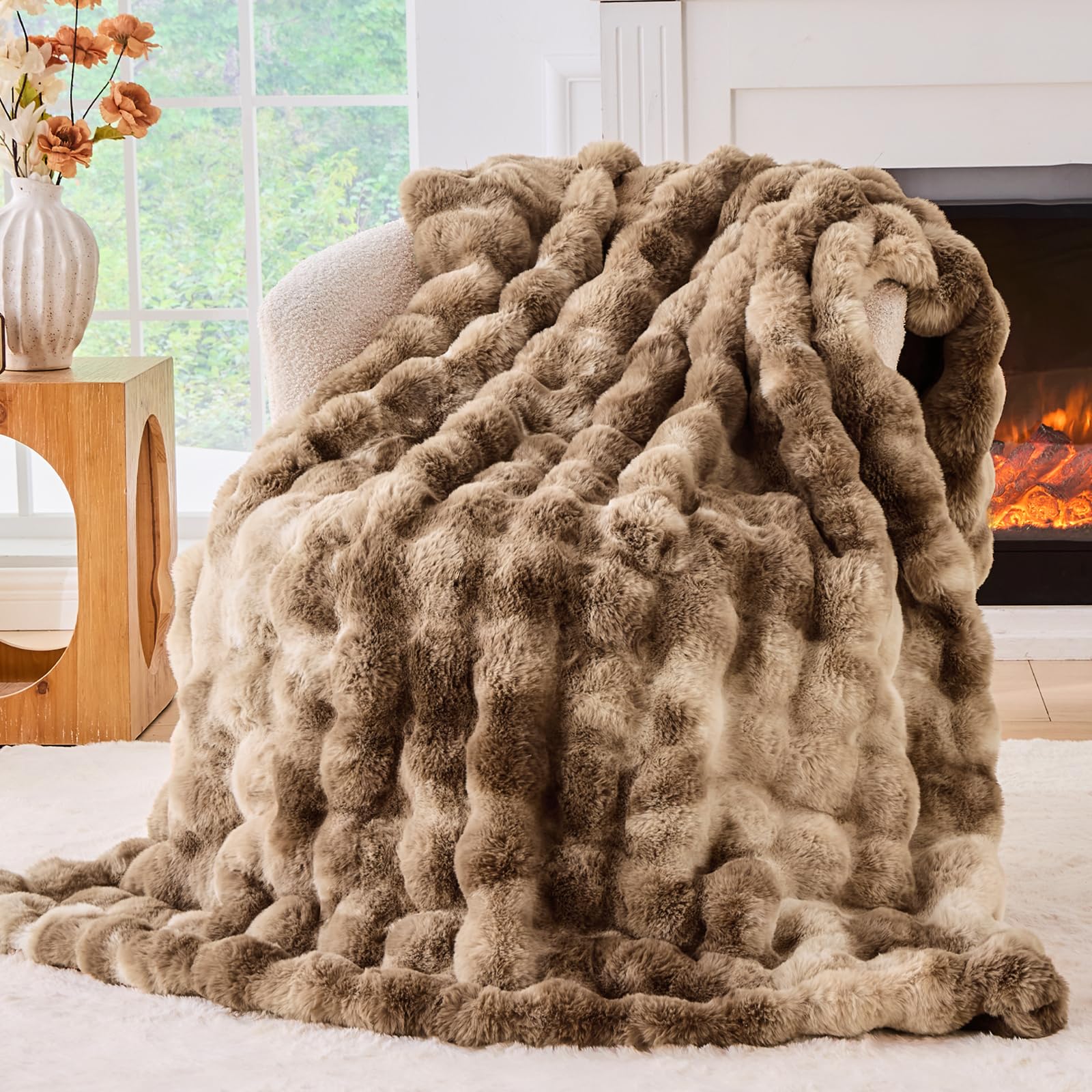 Tie-dye Coffee Faux Fur Throw Blanket, 50"×60" 1100GSM Soft Plush Blanket for Couch & Gift