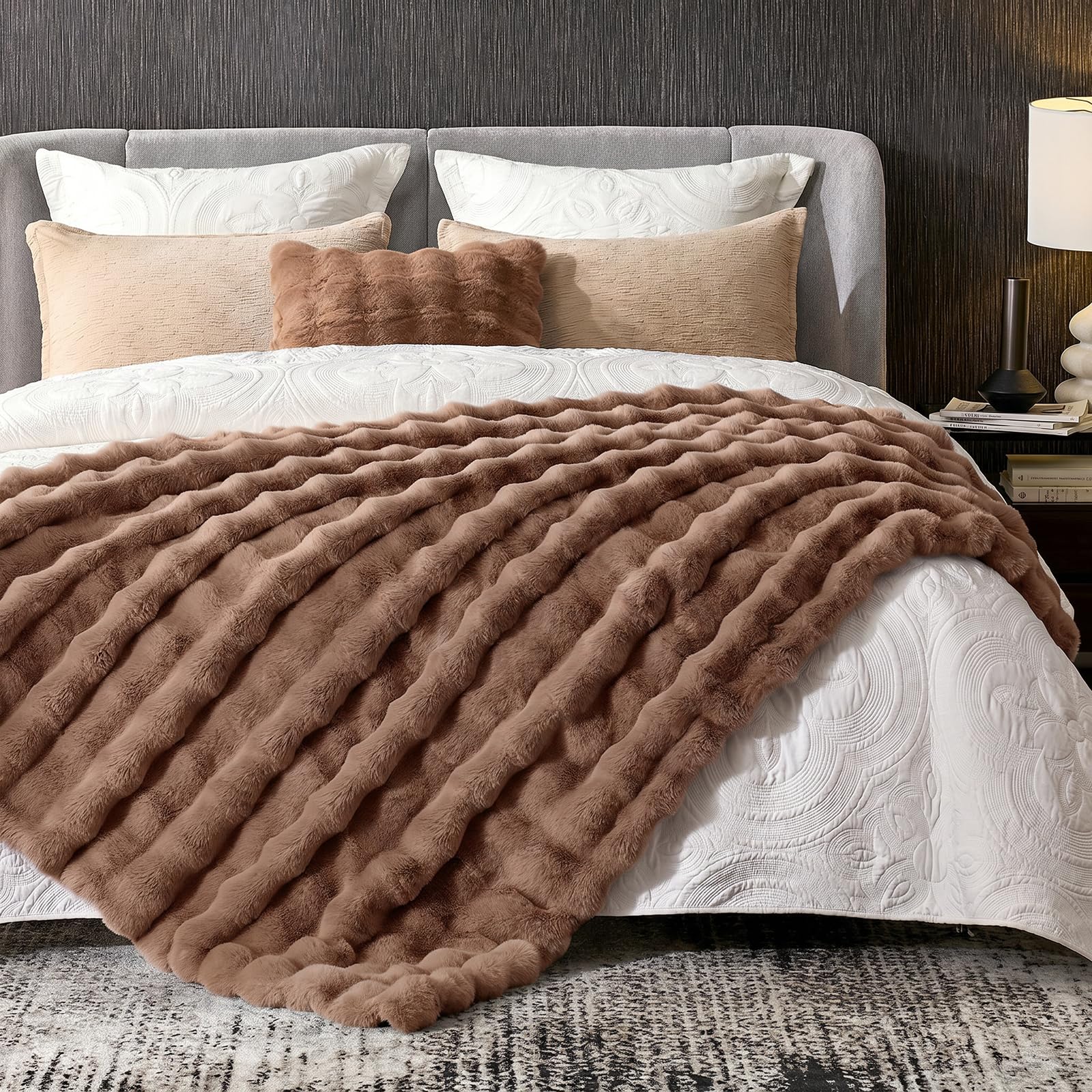 Cozy Bliss Faux Fur Throw Blanket for Couch, Fuzzy Soft Plush Thick Bubble Blanket for Sofa Bedroom Living Room, 50 * 60 Inches Tie-dye Taupe