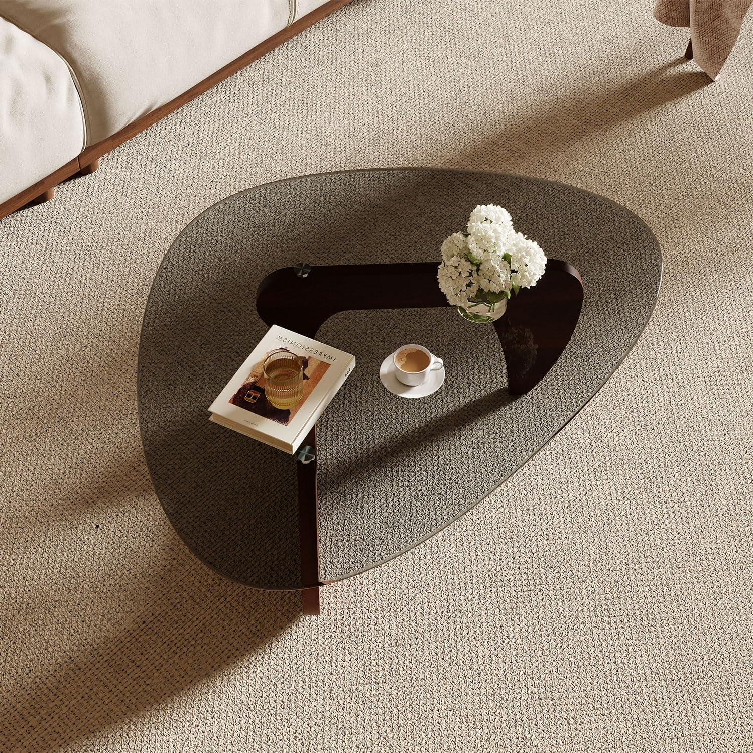 Modern Coffee Table for Living Room and Small Spaces, 35.6" x 25.4" x 15.8" Triangle Tempered Glass Table Top and Solid Wood Base, Walnut