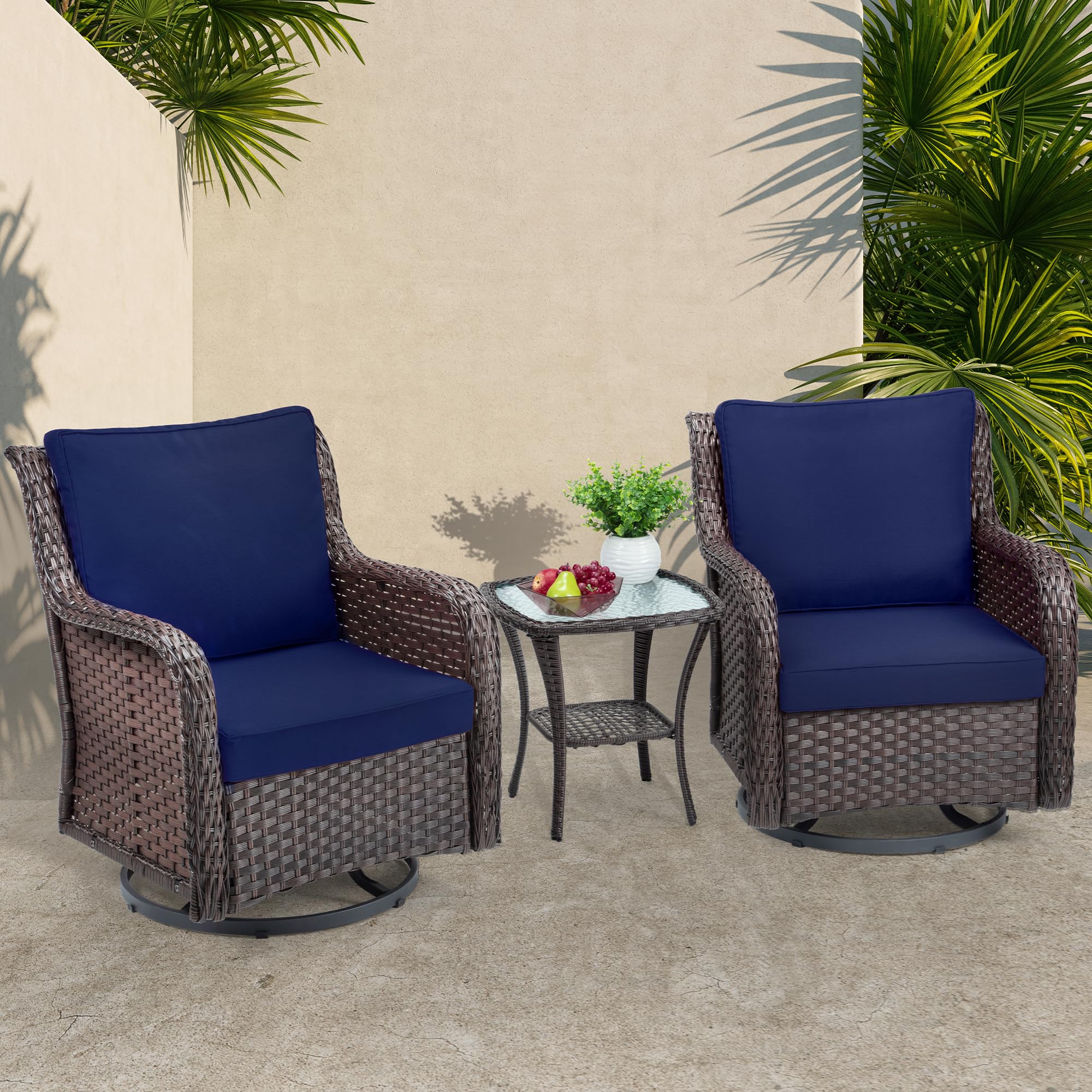Towallmark Outdoor Swivel Wicker Glider Patio Chairs with Table Set, 3 Pieces Outdoor Bistro Set with 4”Thick Cushions and Coffee Table for Porch, Balcony, Deck (Blue)