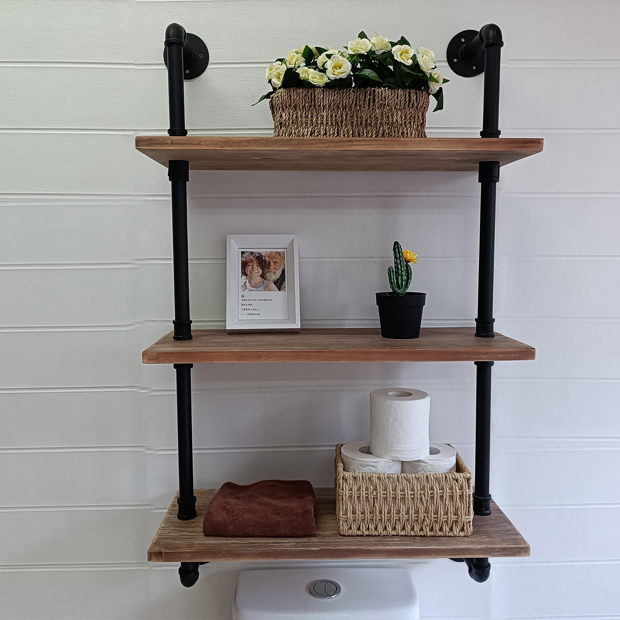 HDDFER Industrial Pipe Shelf Shelving Bookcase, Wall Mounted Rustic Bookshelf, Floating Bookshelves for Wall,Retro Wood Metal Pipe Industrial Shelves for Living Room