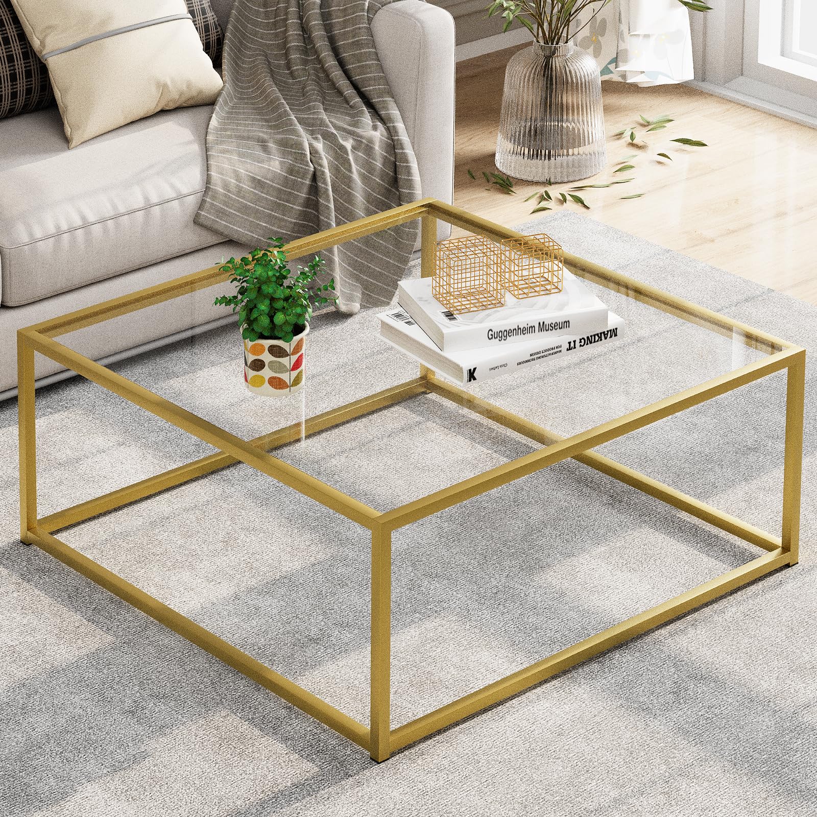 26" Square Black Glass Coffee Table, Modern Center Table Easy Assembly for Small Spaces