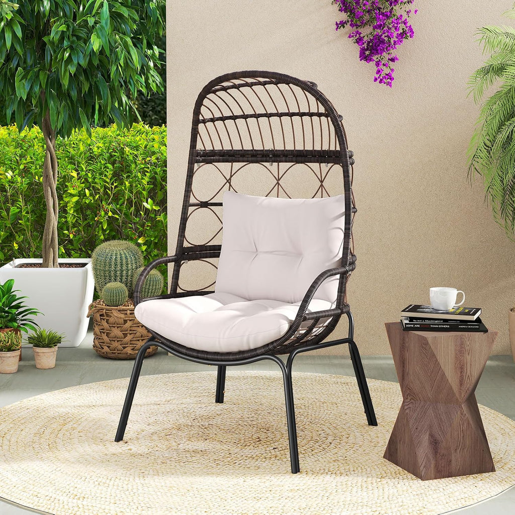 Tangkula Narrow Wicker Egg Chair Outdoor, Patio Rattan Lounge Basket with Seat & Back Cushions, Metal Indoor Outdoor Leisure Sofa Cocoon Chair for Bedroom, Backyard, Balcony, 400 lbs Max Load