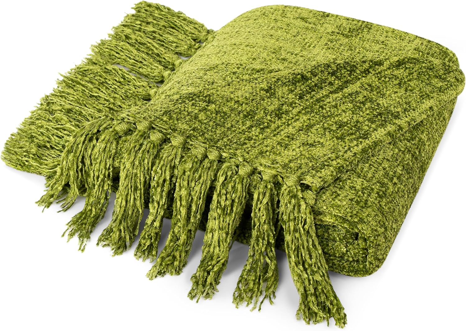PAVILIA Olive Green Chenille Throw Blanket for Couch Sofa, Soft Olive Knit Throw with Tassel, Decorative Blanket for Bed Chair Living Room, Olive Green 50x60