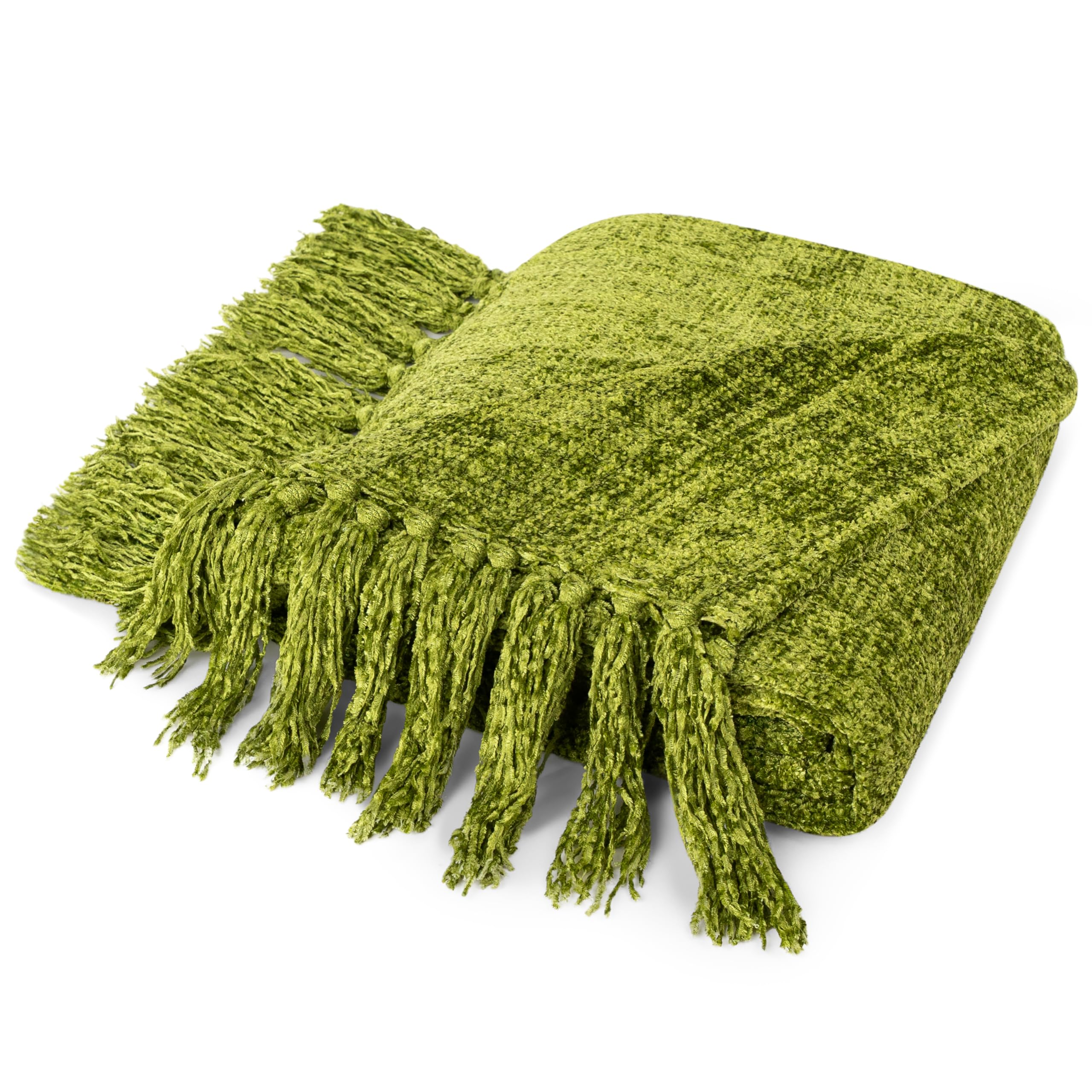 PAVILIA Olive Green Chenille Throw Blanket for Couch Sofa, Soft Olive Knit Throw with Tassel, Decorative Blanket for Bed Chair Living Room, Olive Green 50x60