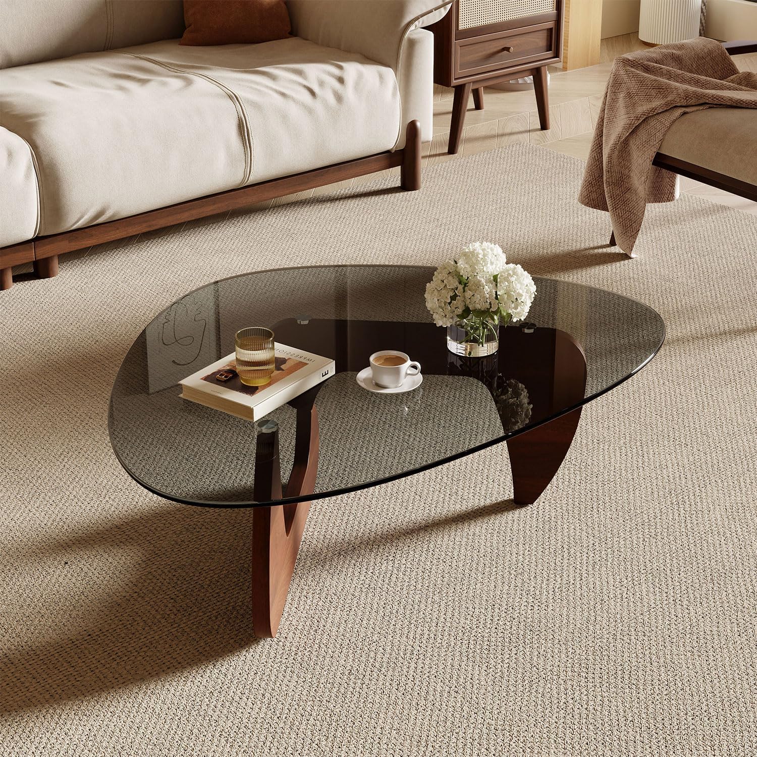 Modern Coffee Table for Living Room and Small Spaces, 35.6" x 25.4" x 15.8" Triangle Tempered Glass Table Top and Solid Wood Base, Walnut