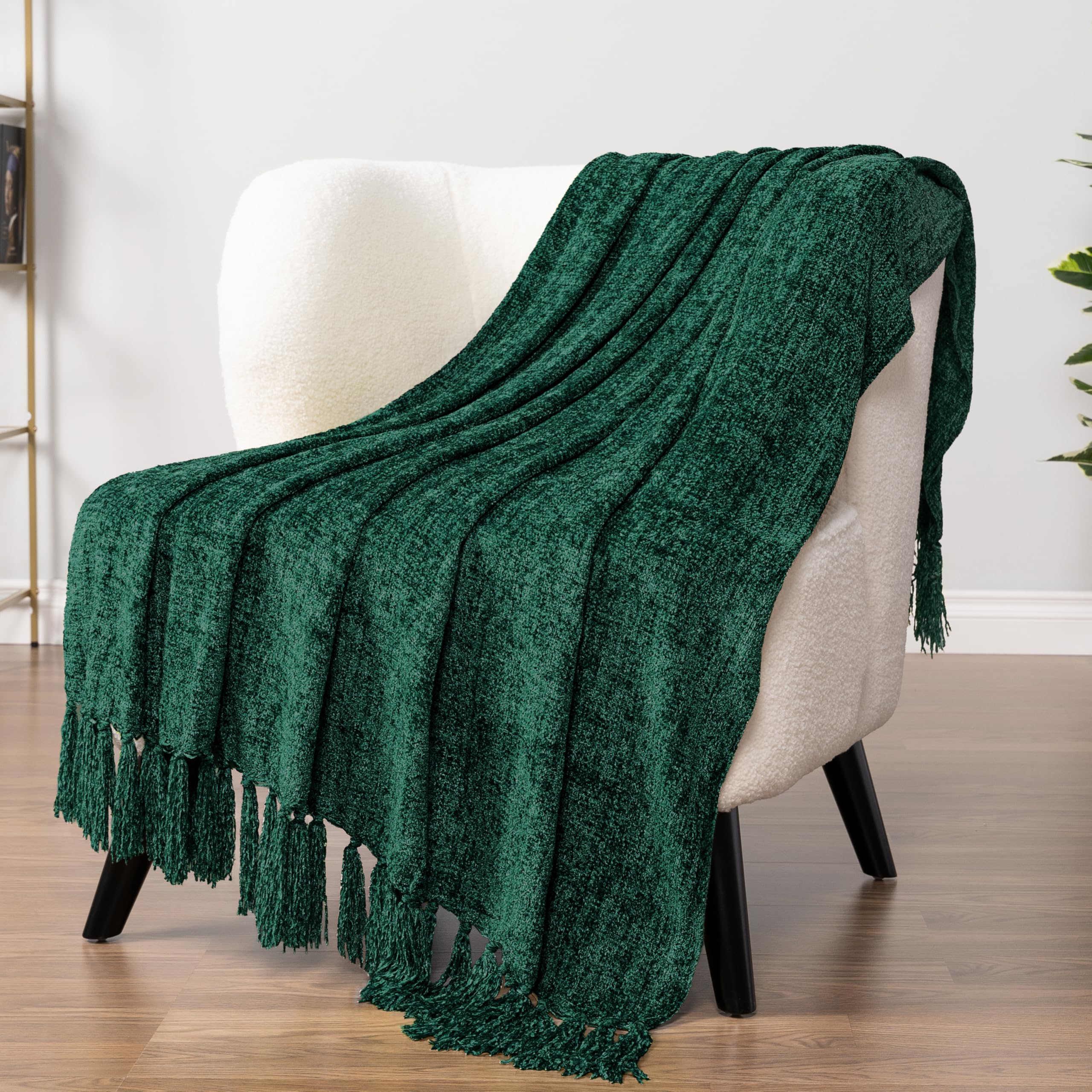 PAVILIA Olive Green Chenille Throw Blanket for Couch Sofa, Soft Olive Knit Throw with Tassel, Decorative Blanket for Bed Chair Living Room, Olive Green 50x60
