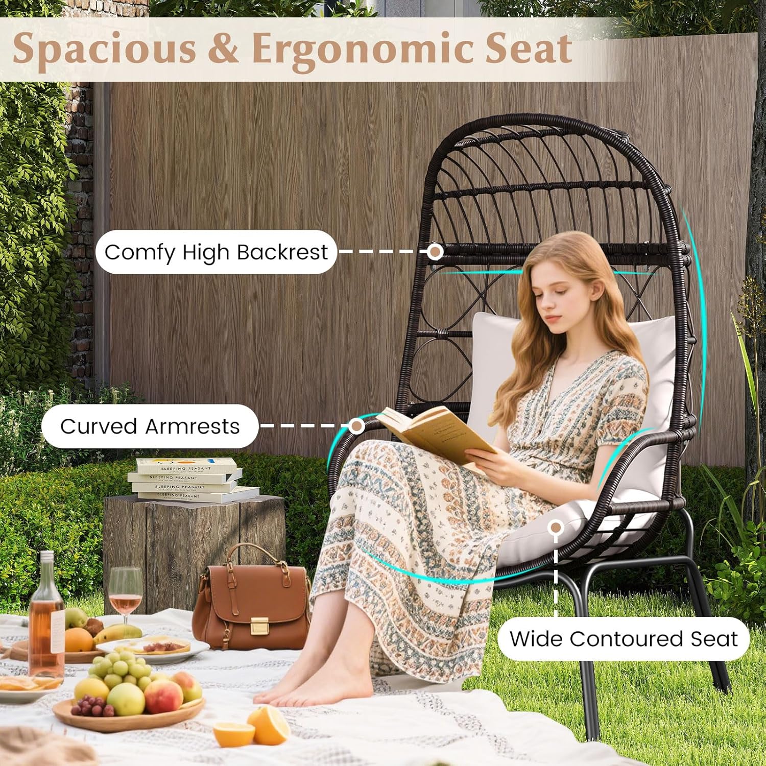 Tangkula Narrow Wicker Egg Chair Outdoor, Patio Rattan Lounge Basket with Seat & Back Cushions, Metal Indoor Outdoor Leisure Sofa Cocoon Chair for Bedroom, Backyard, Balcony, 400 lbs Max Load