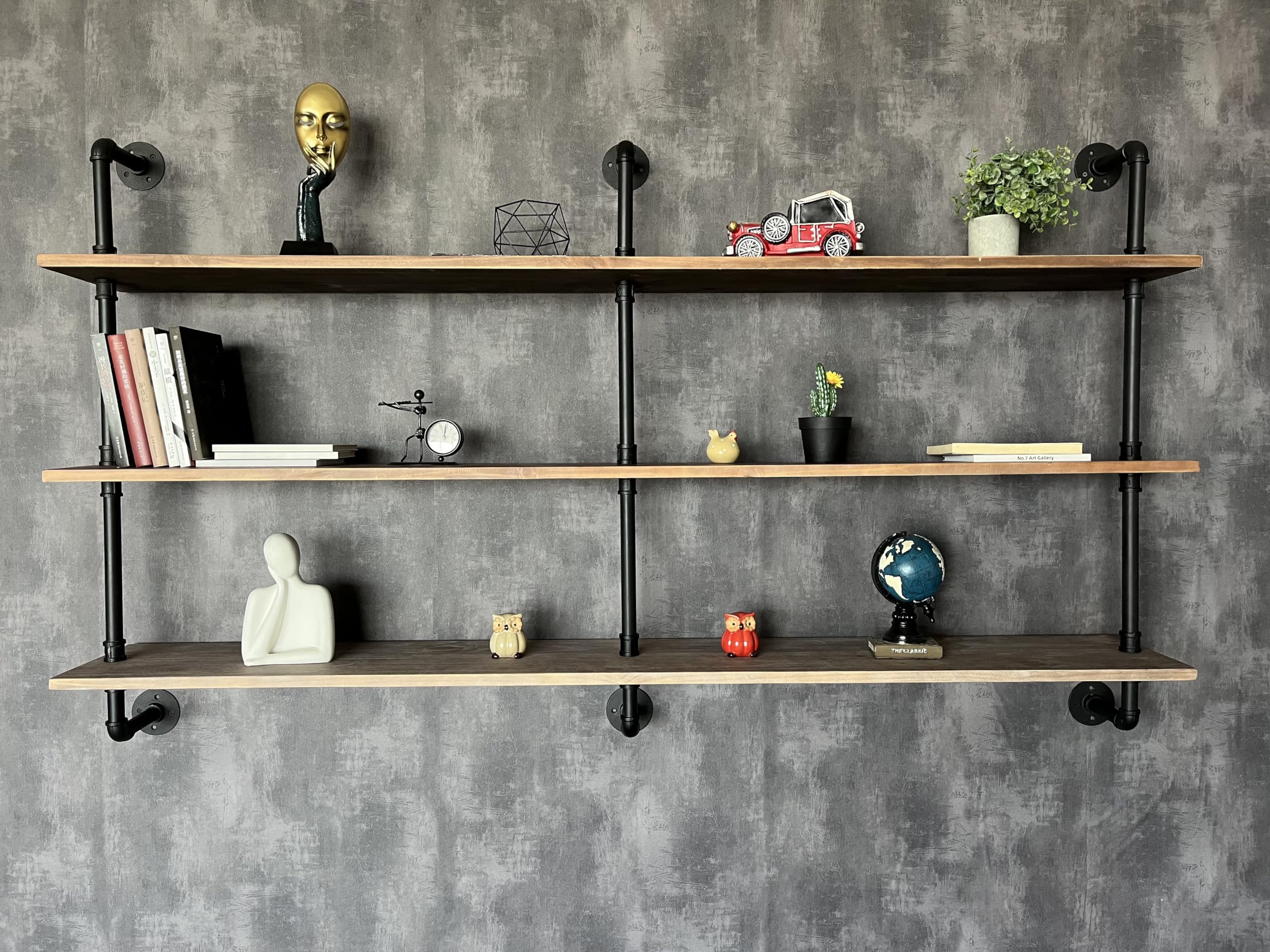 HDDFER Industrial Pipe Shelf Shelving Bookcase, Wall Mounted Rustic Bookshelf, Floating Bookshelves for Wall,Retro Wood Metal Pipe Industrial Shelves for Living Room