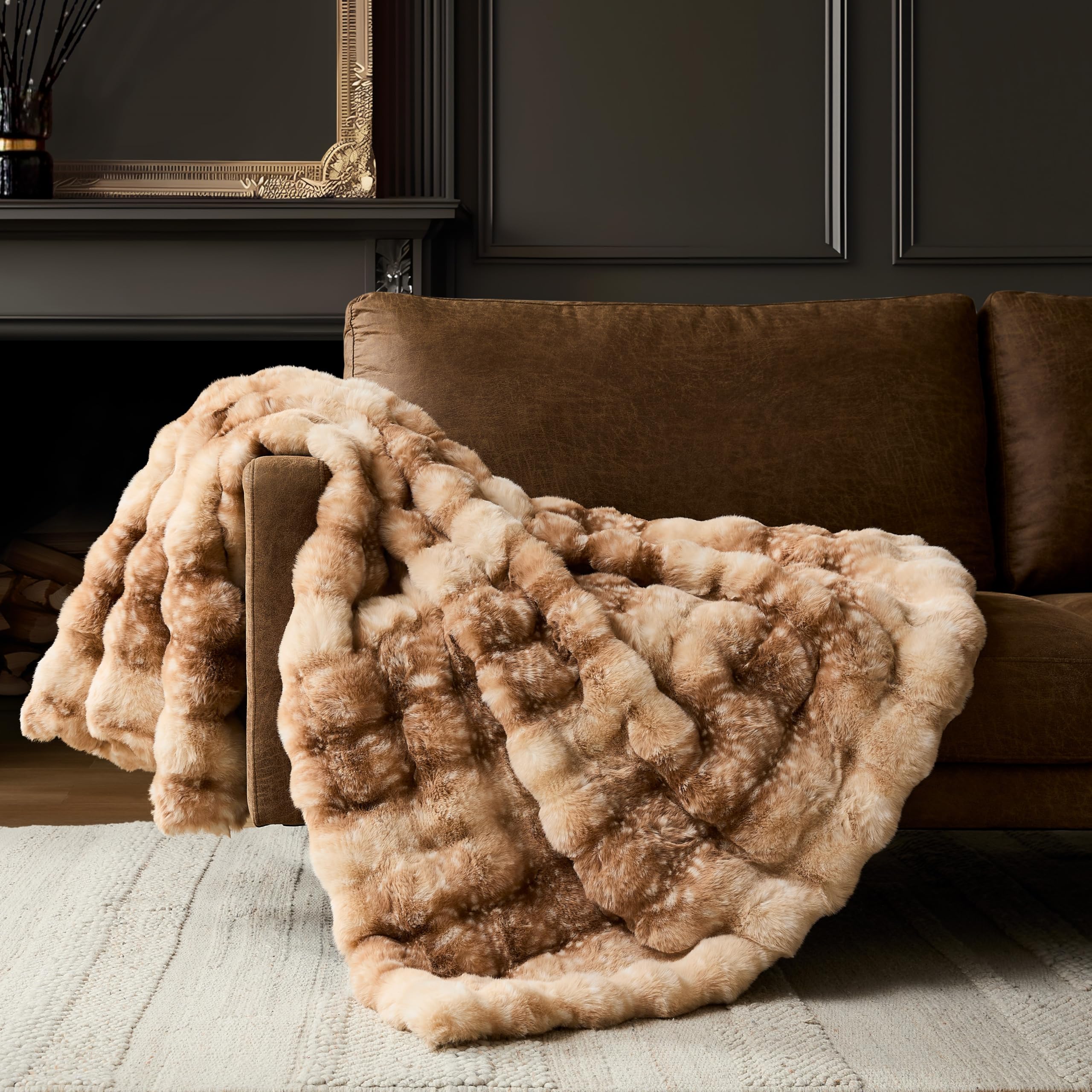 WDCOZY Luxury Bubble Throw Blanket, Faux Rabbit Fur Mink Plush Throw for Couch, Sofa and Bed, Soft Fluffy Fuzzy Furry Cozy Blanket, Thick and Warm for Women, 50x60 inches, Tie-Dye Grey, 950 GSM