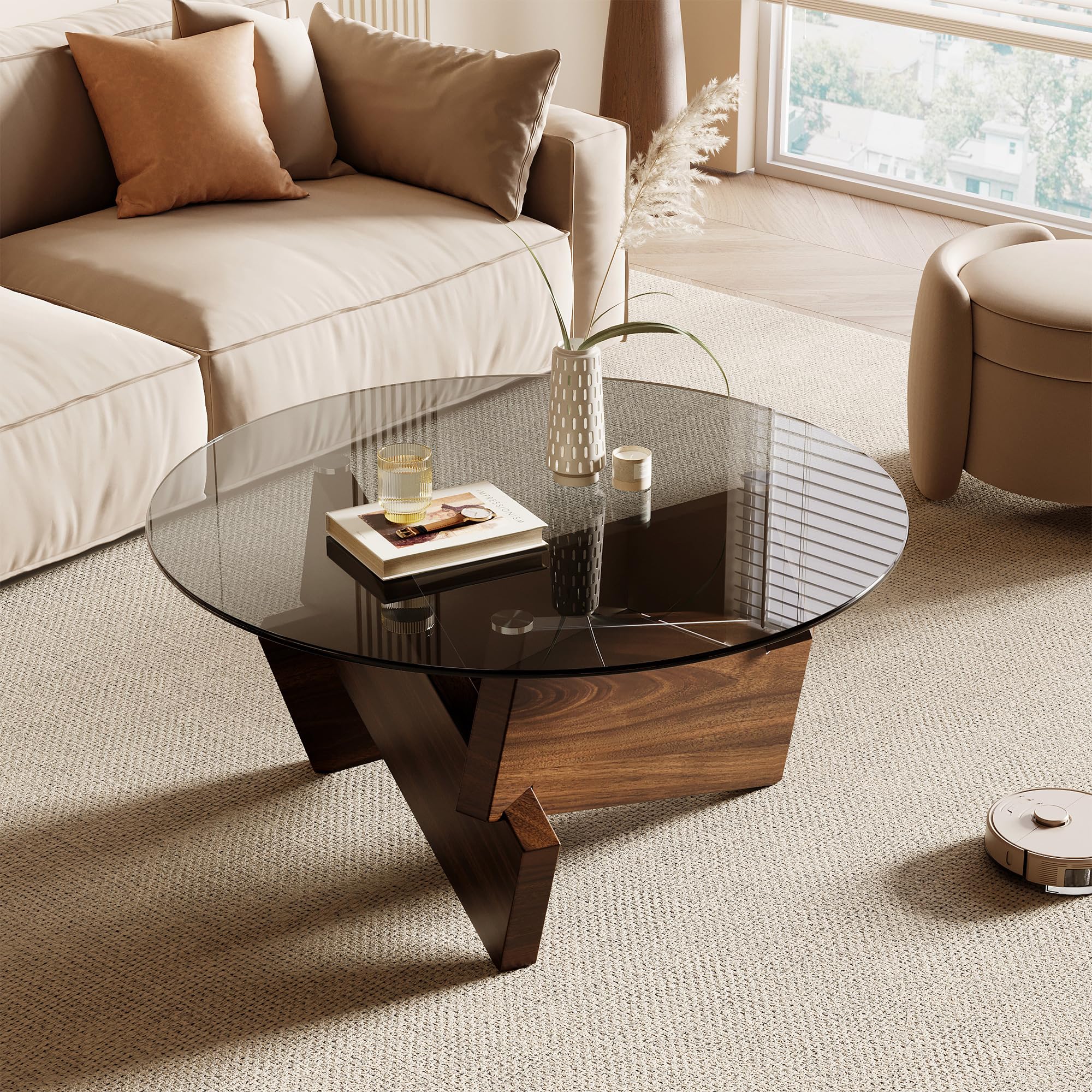 Honyee Modern Round Coffee Table, 30.7" x 30.7" x 16.1" Tempered Glass Top for Living Room, Color: Natural Wood