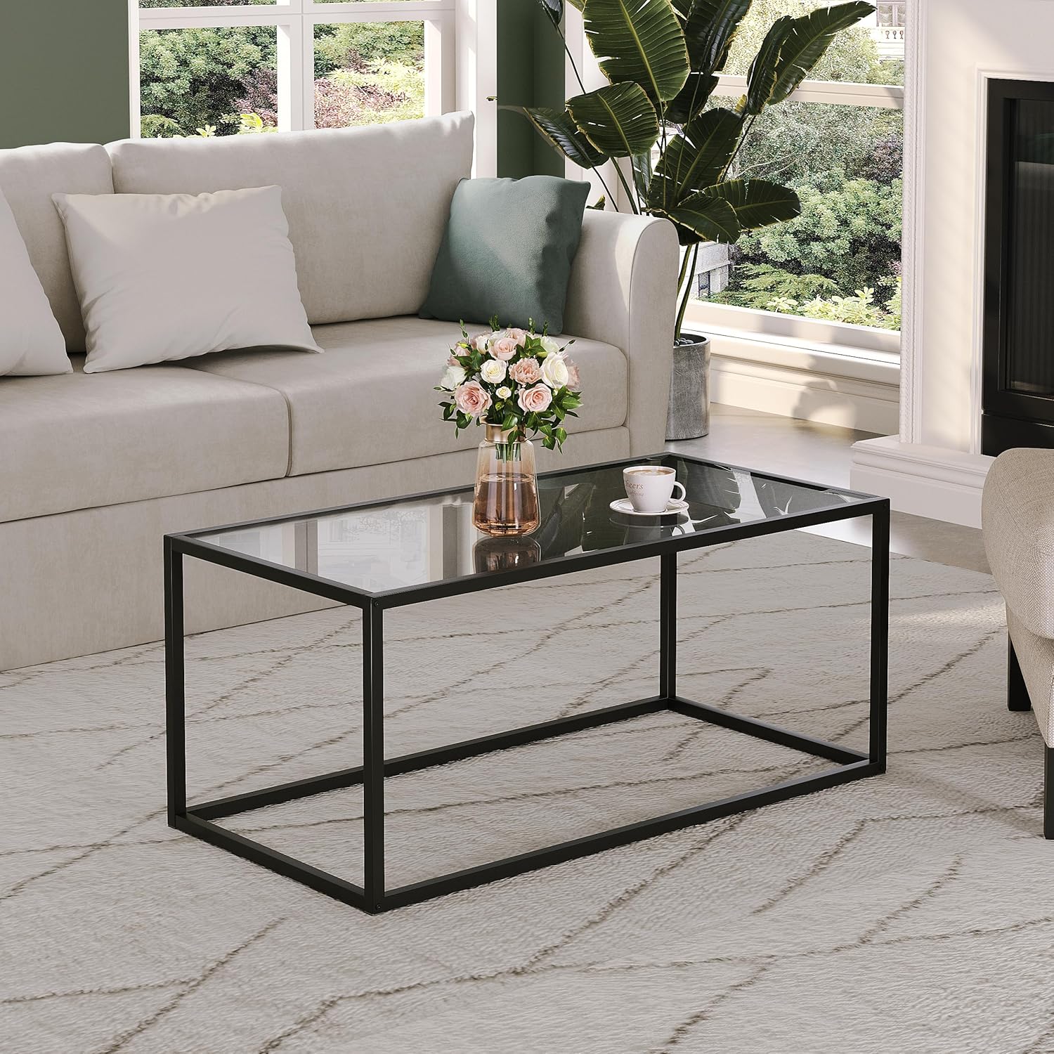SAYGOER Glass Coffee Table Modern Coffee Tables Simple Rectangular Center Table with Open Space for Living Room Home Office,39.3 x 19.7 x 17.7Inches, Gray Black
