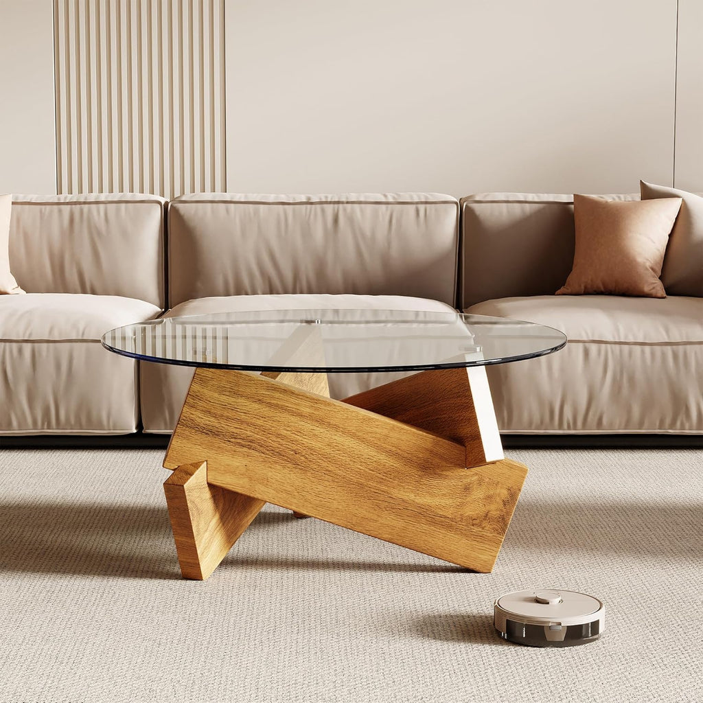 Honyee Modern Round Coffee Table, 30.7" x 30.7" x 16.1" Tempered Glass Top for Living Room, Color: Natural Wood