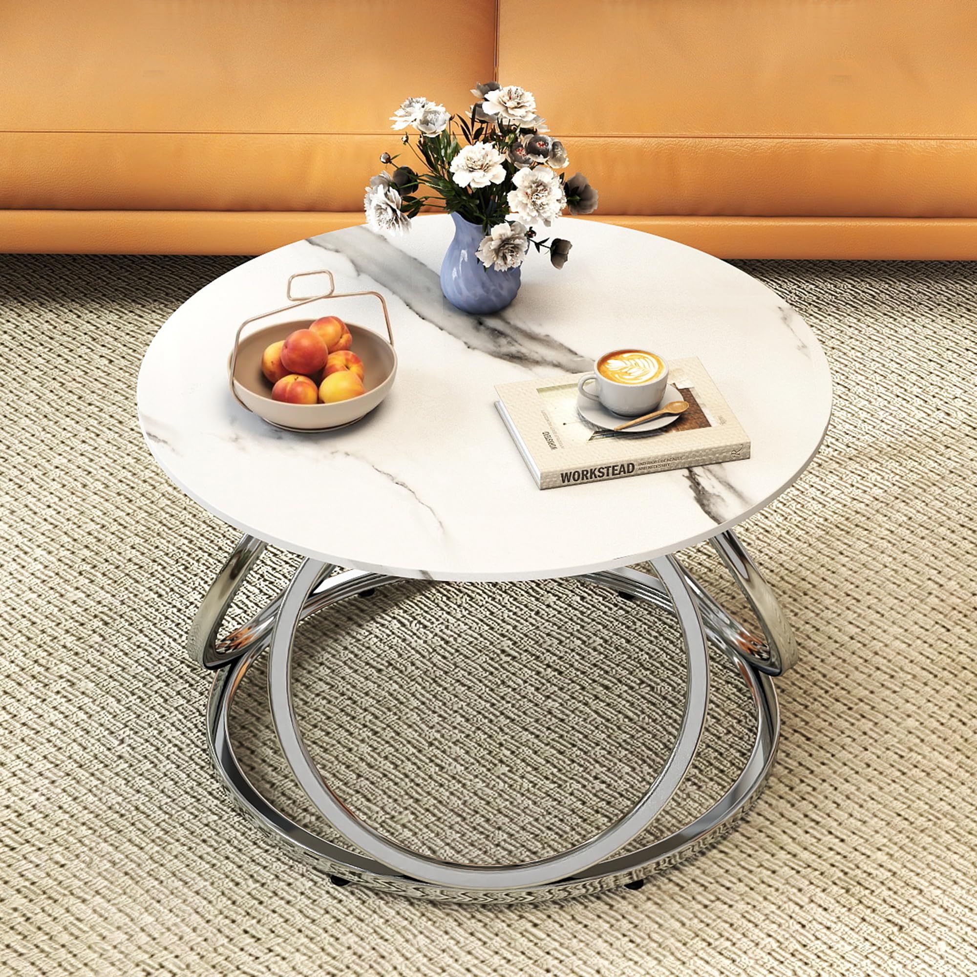 O&K FURNITURE Silver Coffee Table, Modern Glass Coffee Table Living Room Table with Ring-Shaped Frames, Glass Coffee Table for Home&Office, Chrome Finish, 1 PC | Modern