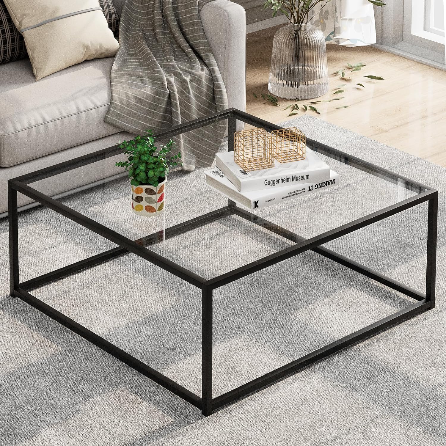 26" Square Black Glass Coffee Table, Modern Center Table Easy Assembly for Small Spaces
