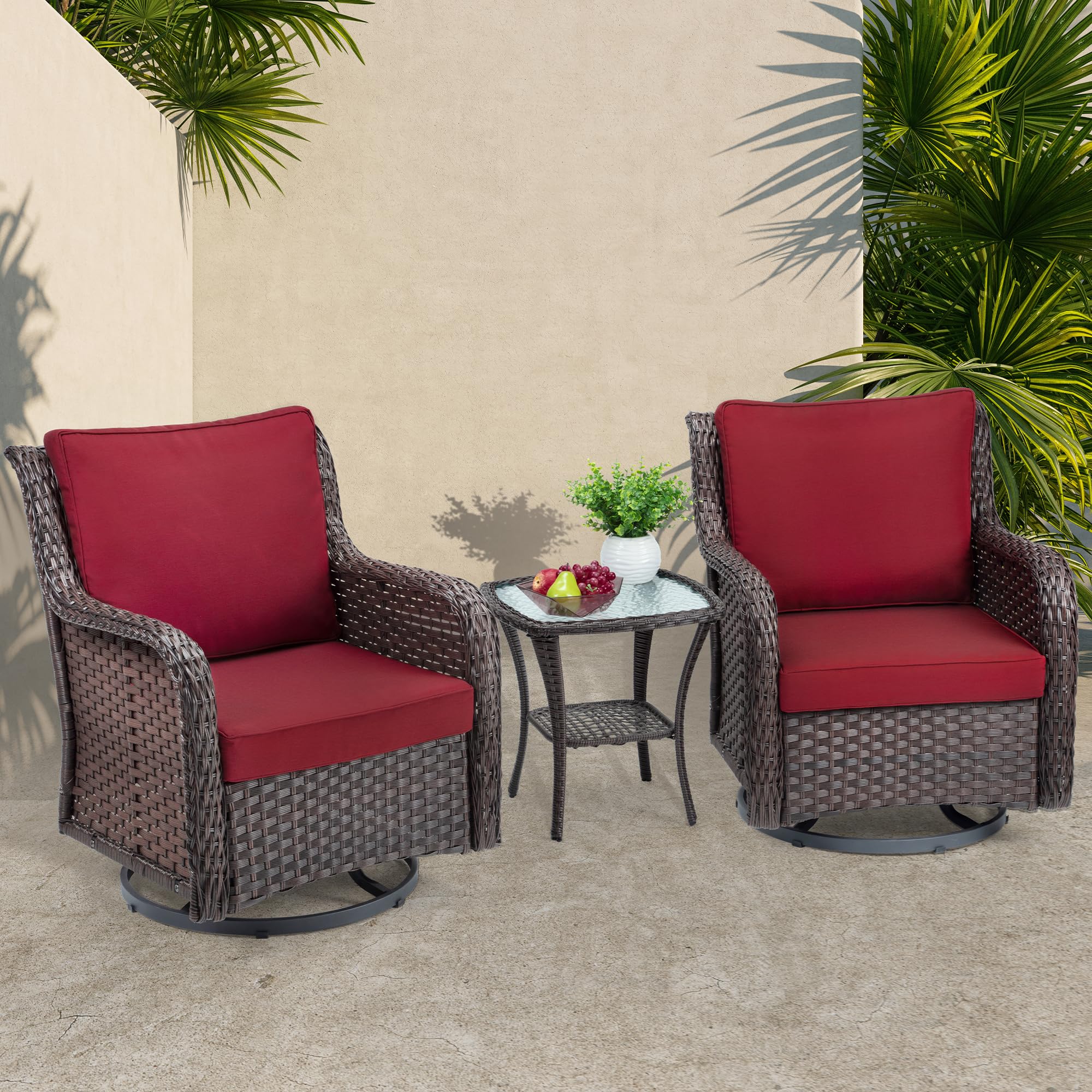 Towallmark Outdoor Swivel Wicker Glider Patio Chairs with Table Set, 3 Pieces Outdoor Bistro Set with 4”Thick Cushions and Coffee Table for Porch, Balcony, Deck (Blue)