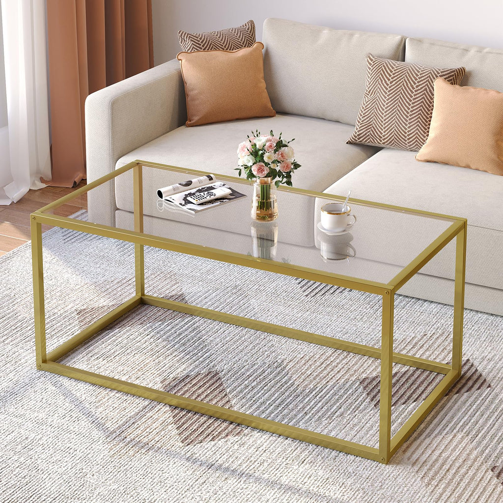 SAYGOER Glass Coffee Table Modern Coffee Tables Simple Rectangular Center Table with Open Space for Living Room Home Office,39.3 x 19.7 x 17.7Inches, Gray Black
