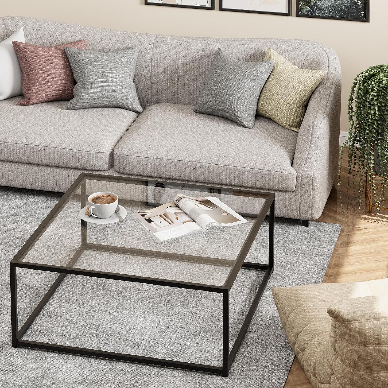 26" Square Black Glass Coffee Table, Modern Center Table Easy Assembly for Small Spaces