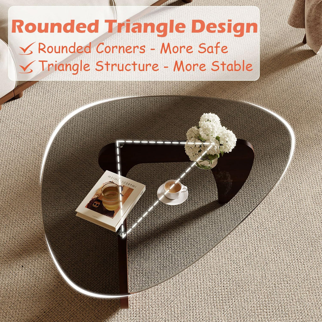 Modern Coffee Table for Living Room and Small Spaces, 35.6" x 25.4" x 15.8" Triangle Tempered Glass Table Top and Solid Wood Base, Walnut
