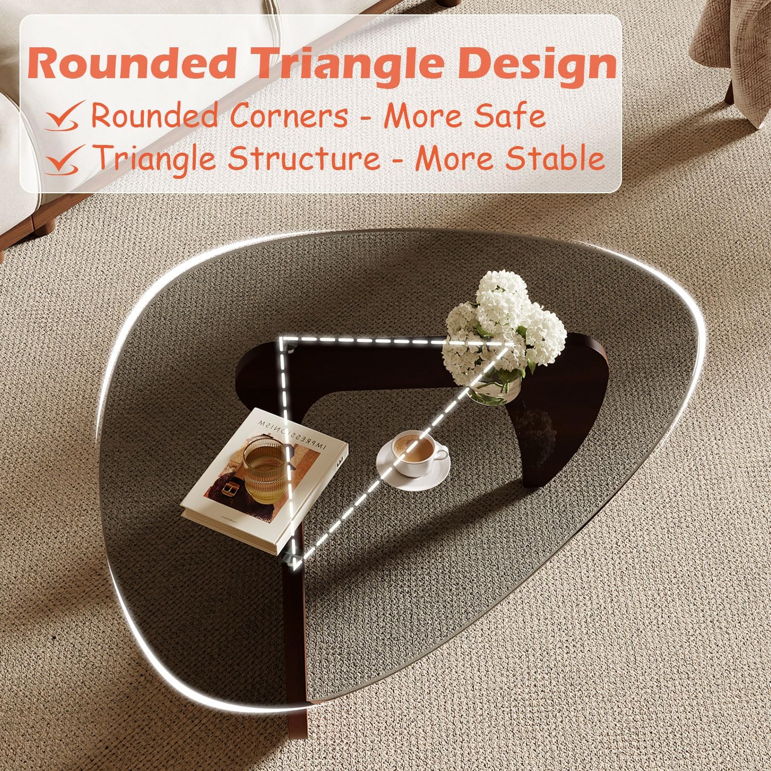 Modern Coffee Table for Living Room and Small Spaces, 35.6" x 25.4" x 15.8" Triangle Tempered Glass Table Top and Solid Wood Base, Walnut
