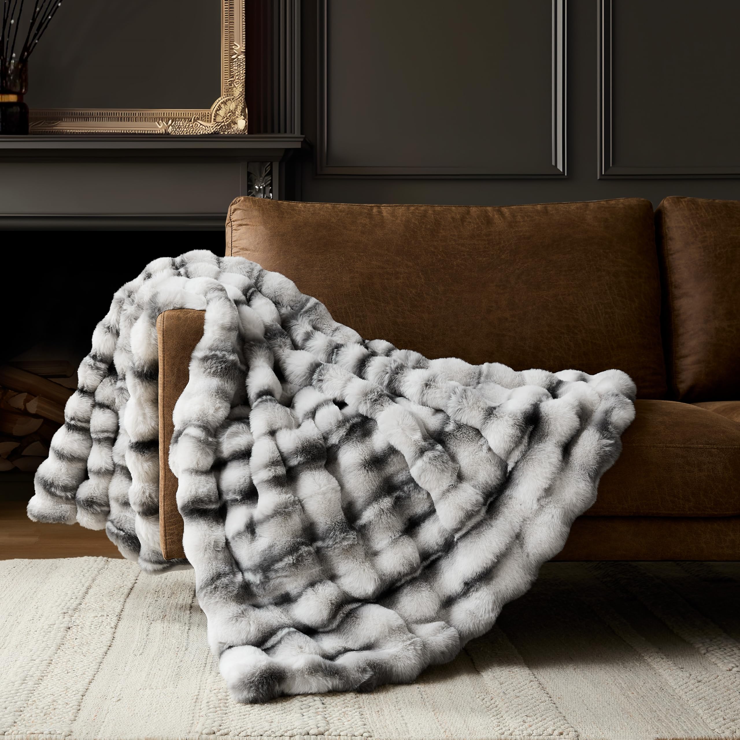 WDCOZY Luxury Bubble Throw Blanket, Faux Rabbit Fur Mink Plush Throw for Couch, Sofa and Bed, Soft Fluffy Fuzzy Furry Cozy Blanket, Thick and Warm for Women, 50x60 inches, Tie-Dye Grey, 950 GSM
