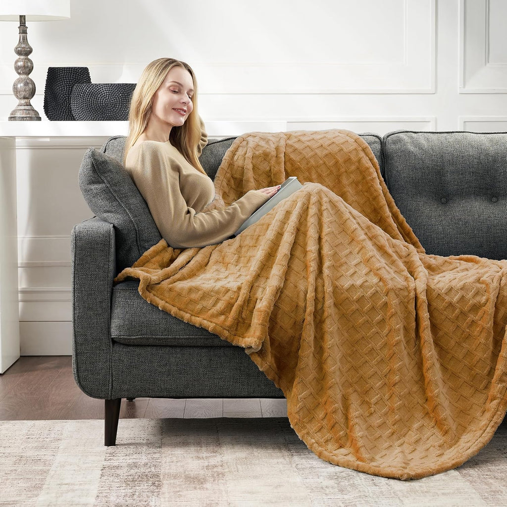 Velvet Plush Jacquard Tile Throw Blanket for Couch - Buttery Soft, Cozy Throw, for Women (Amber Gold, 50" x 60")